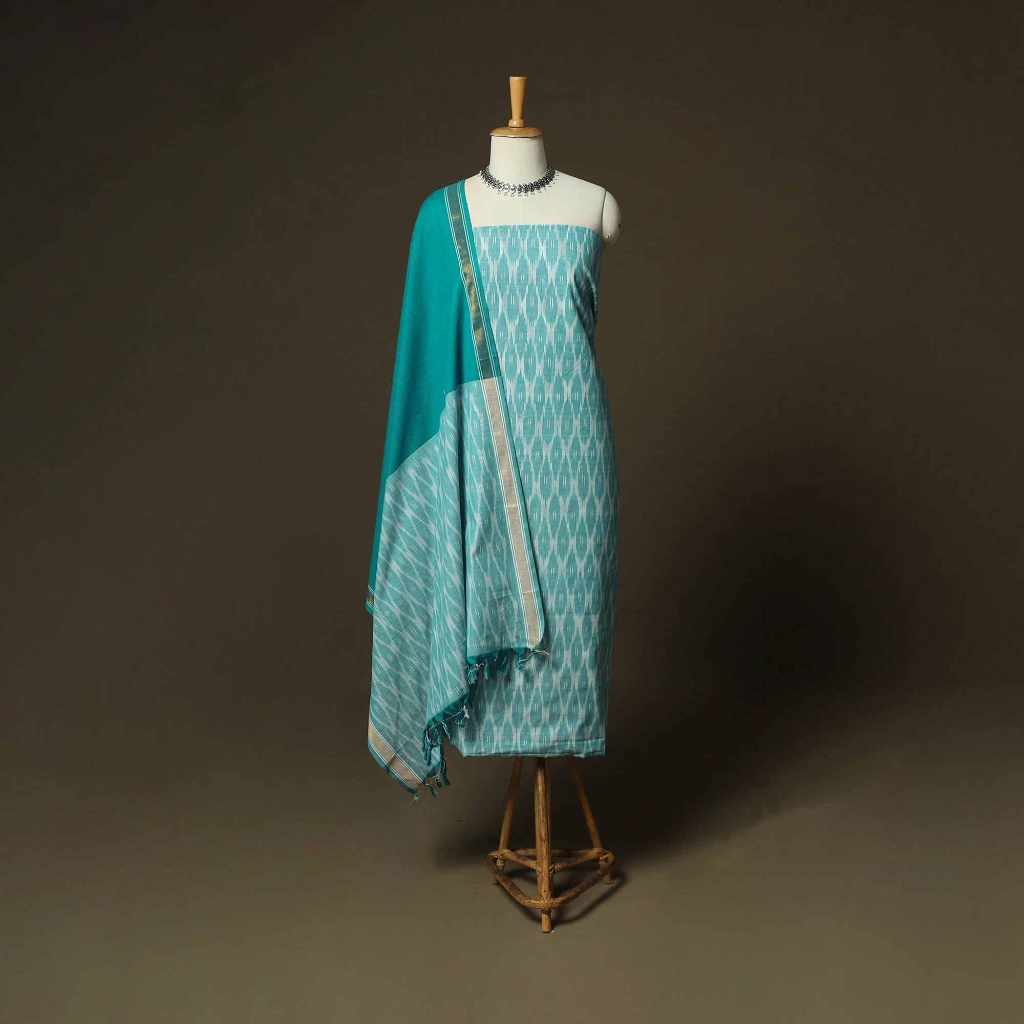 Green - Pochampally Ikat Weave 3pc Cotton Unstitched Dress Material Suit Set 26