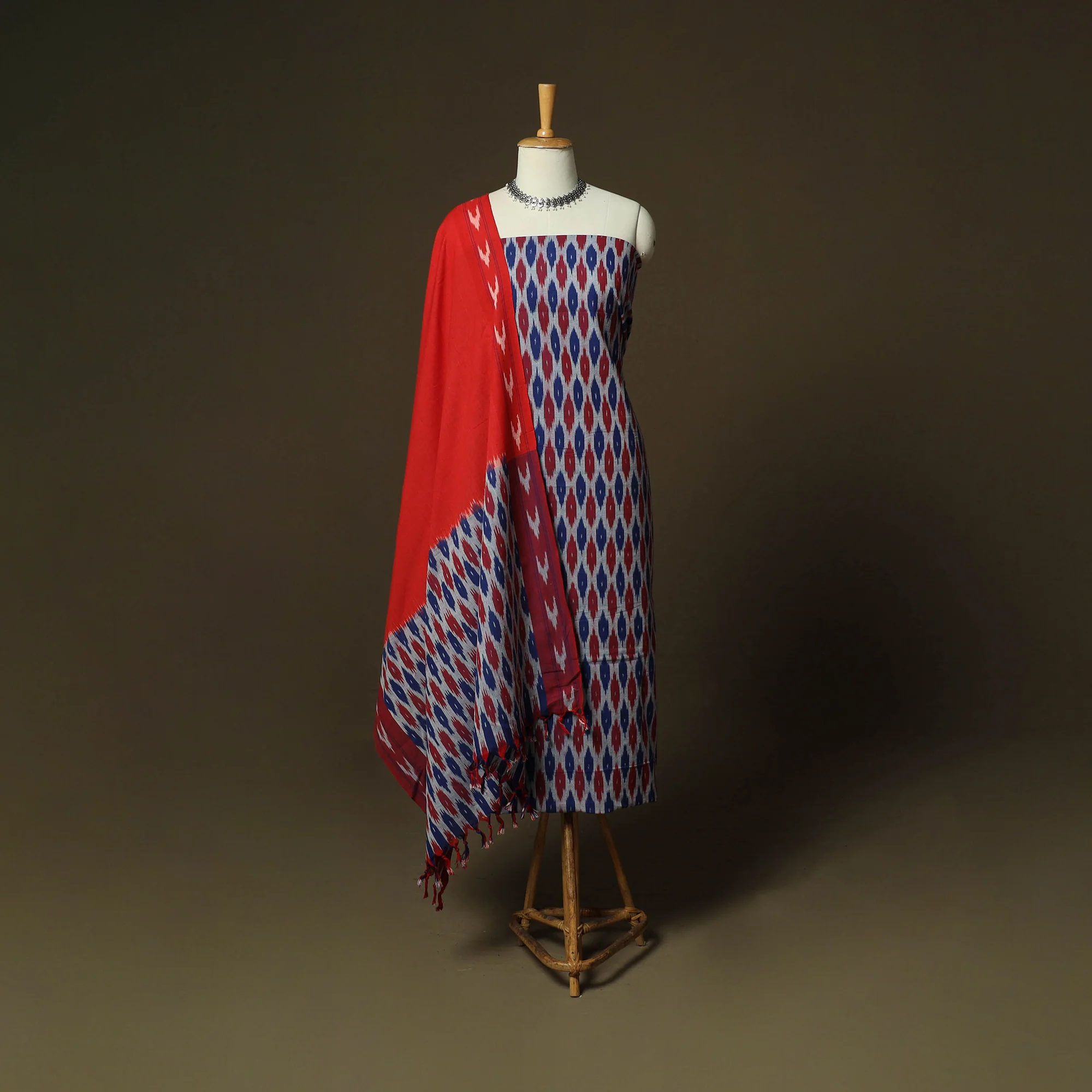 Multicolor - Pochampally Ikat Weave 3pc Cotton Unstitched Dress Material Suit Set 27