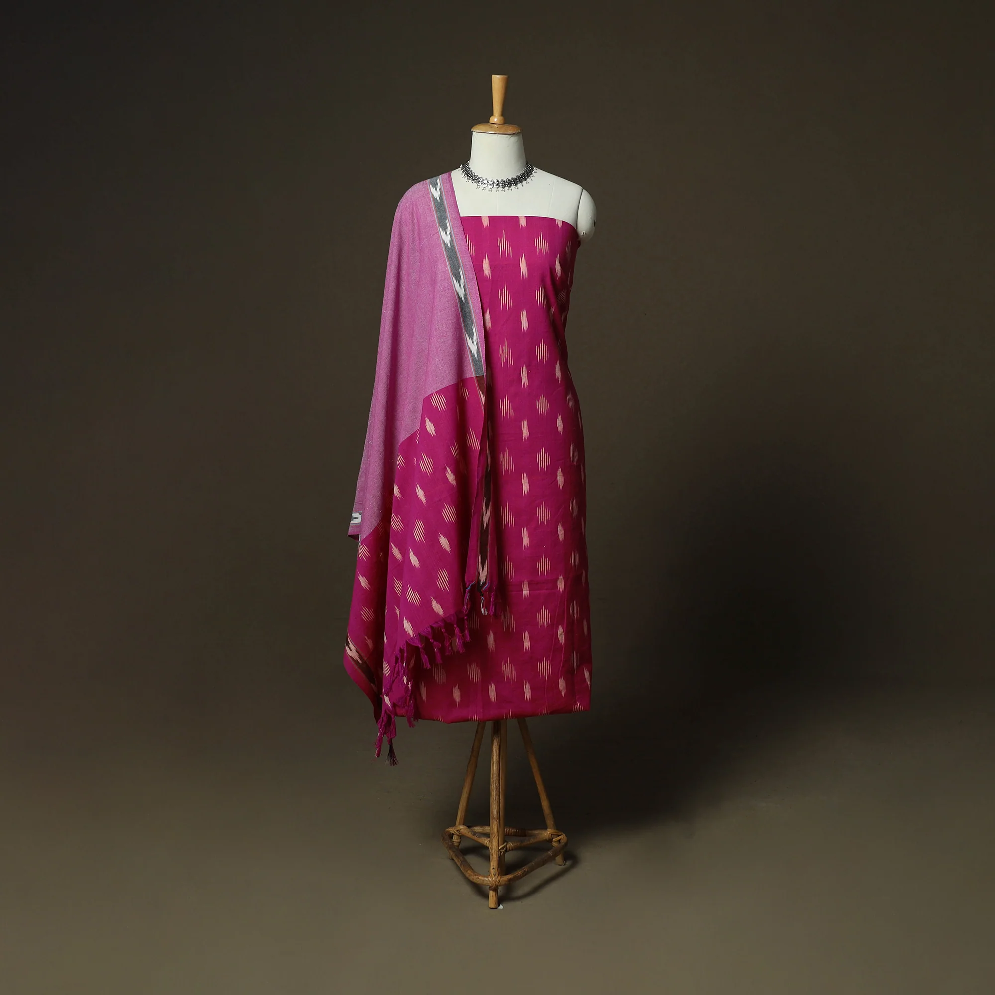 Pink - Pochampally Ikat Weave 3pc Cotton Unstitched Dress Material Suit Set 28