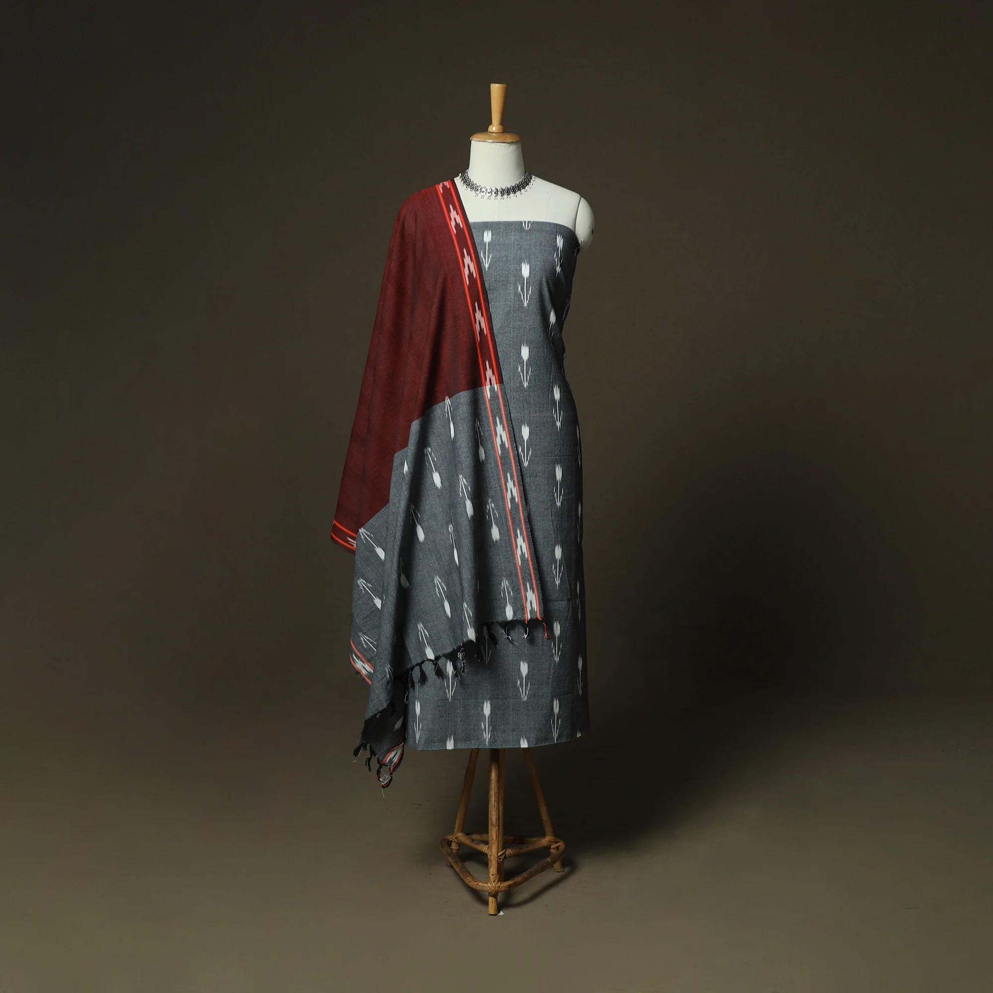 Grey - Pochampally Ikat Weave 3pc Cotton Unstitched Dress Material Suit Set 29