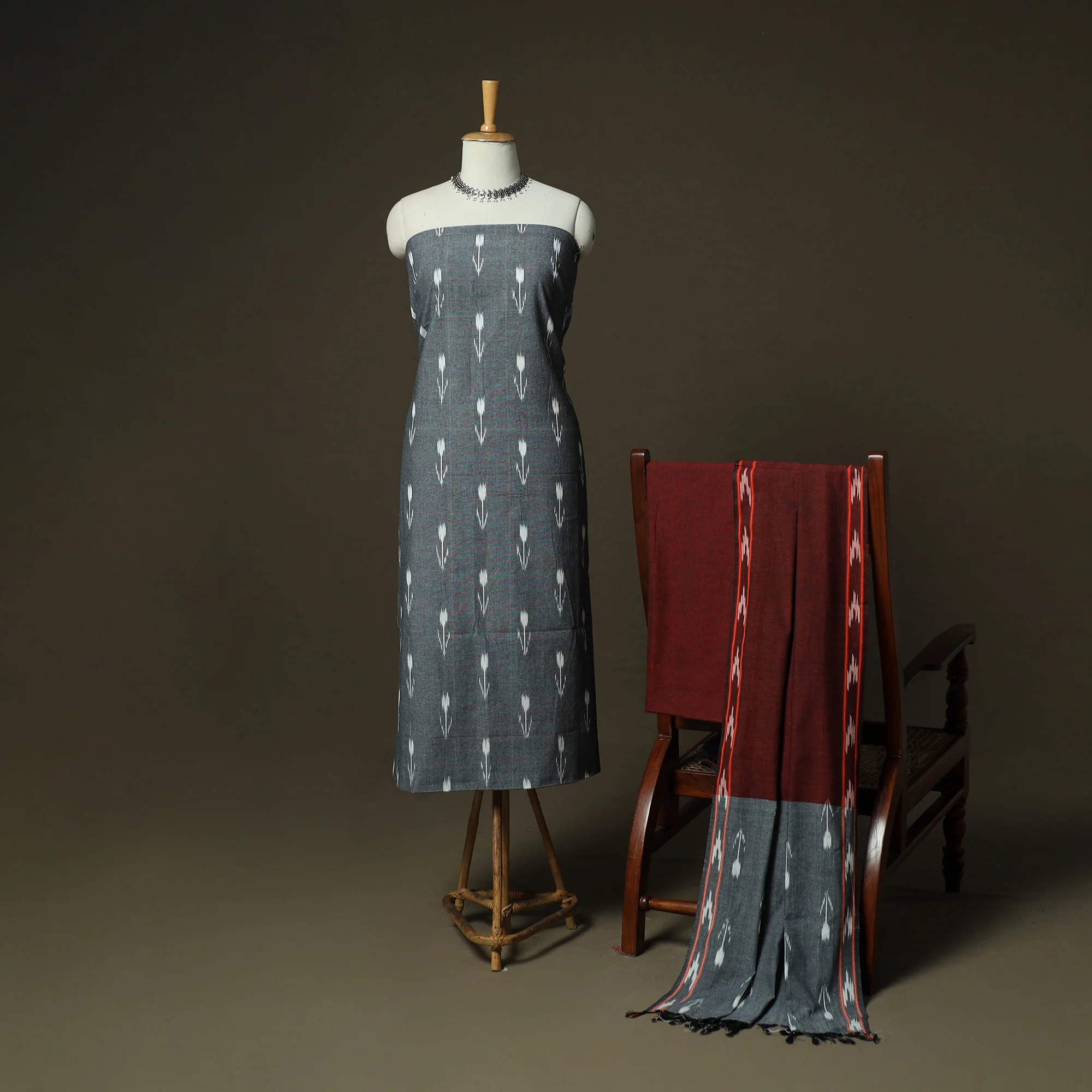 Grey - Pochampally Ikat Weave 3pc Cotton Unstitched Dress Material Suit Set 29 - Image 2
