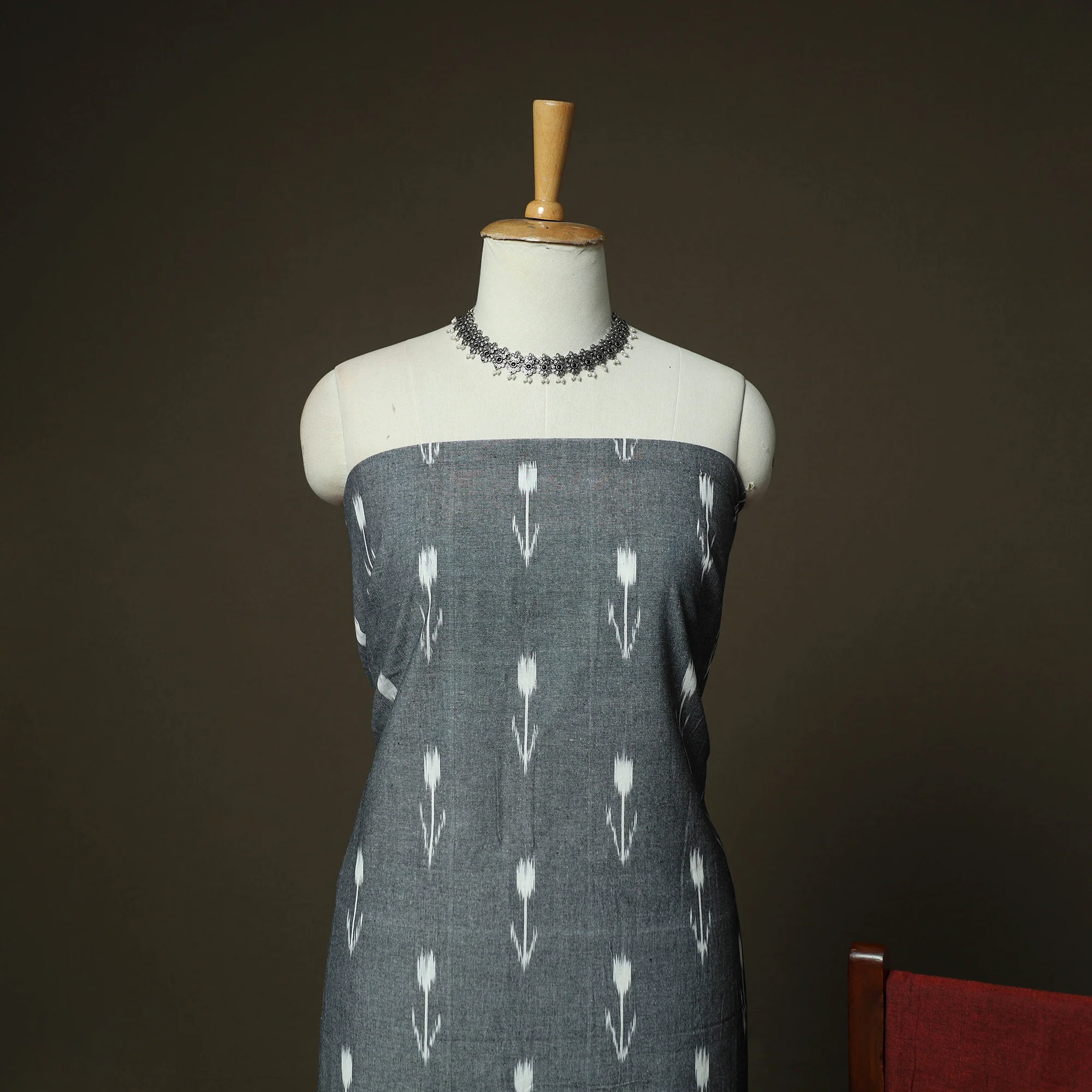 Grey - Pochampally Ikat Weave 3pc Cotton Unstitched Dress Material Suit Set 29 - Image 3