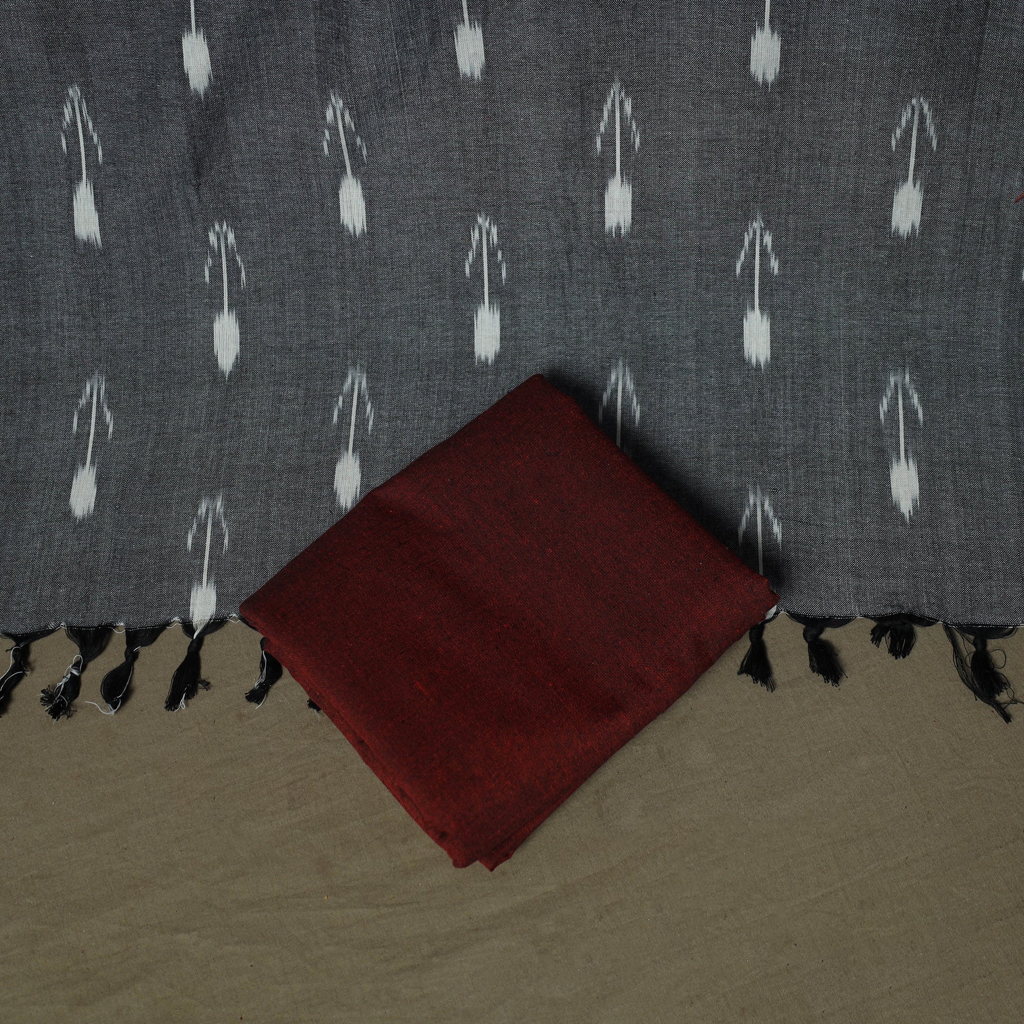 Grey - Pochampally Ikat Weave 3pc Cotton Unstitched Dress Material Suit Set 29 - Image 5