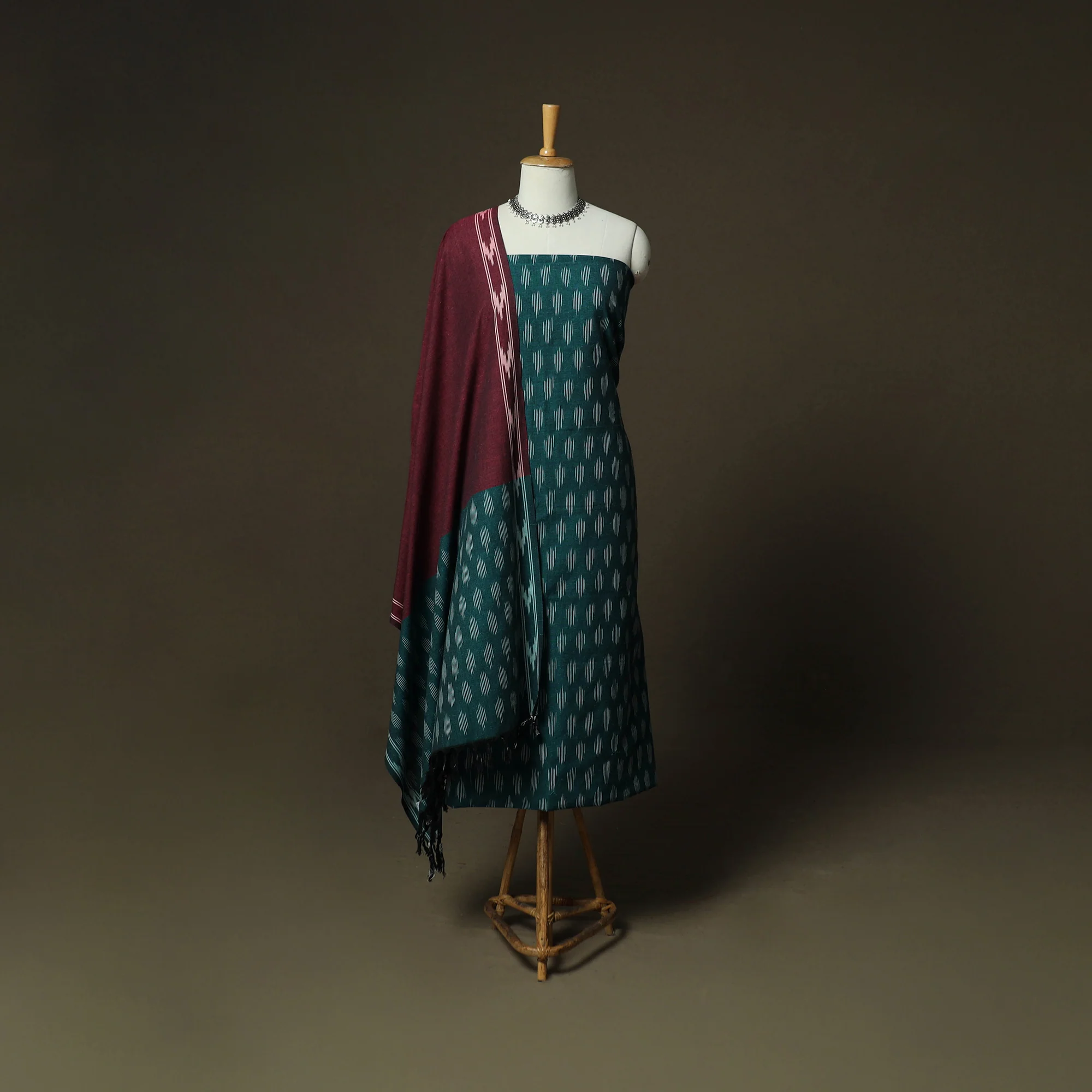 Green - Pochampally Ikat Weave 3pc Cotton Unstitched Dress Material Suit Set 31