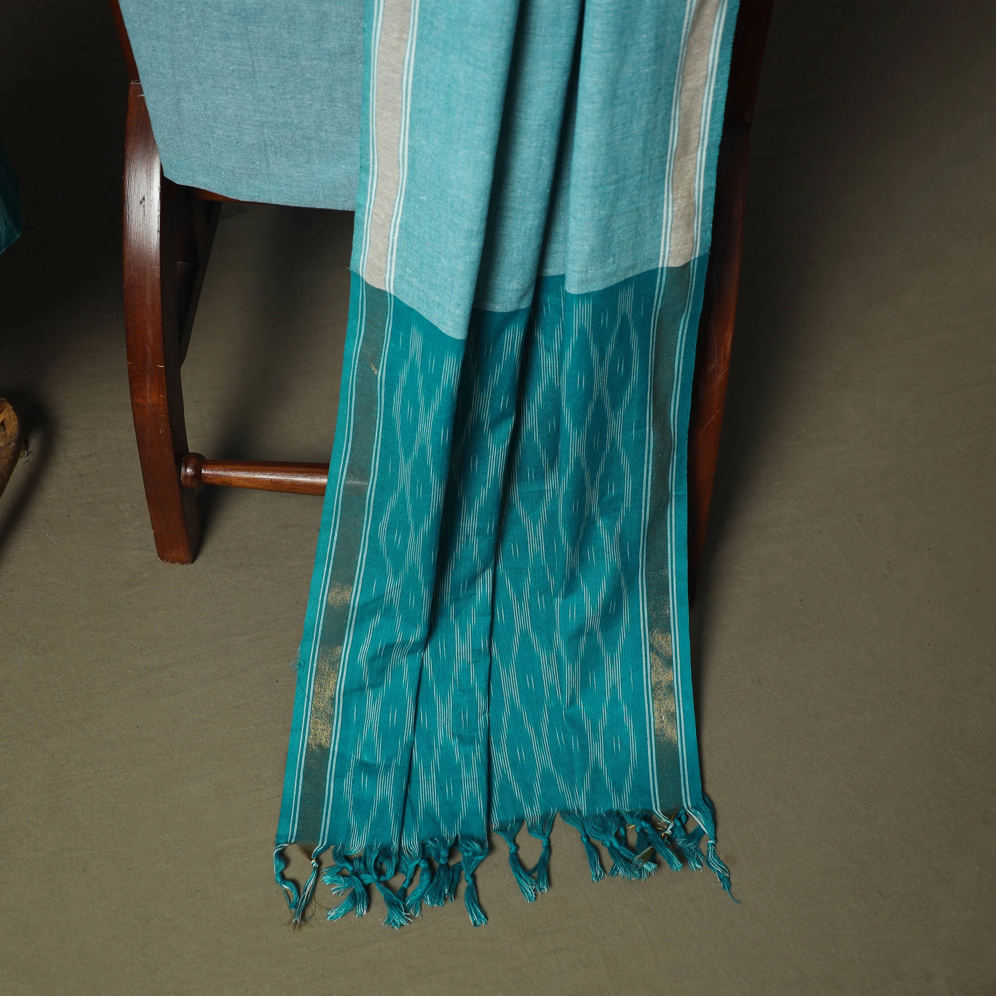 Blue - Pochampally Ikat Weave 3pc Cotton Unstitched Dress Material Suit Set 37 - Image 4
