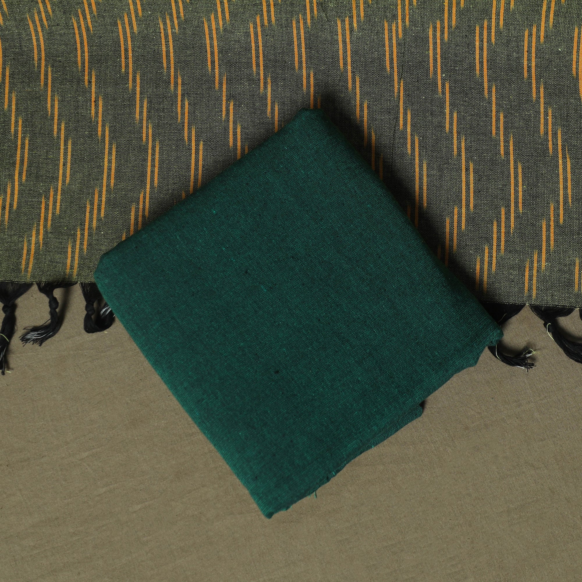 Green - Pochampally Ikat Weave 3pc Cotton Unstitched Dress Material Suit Set 39 - Image 5