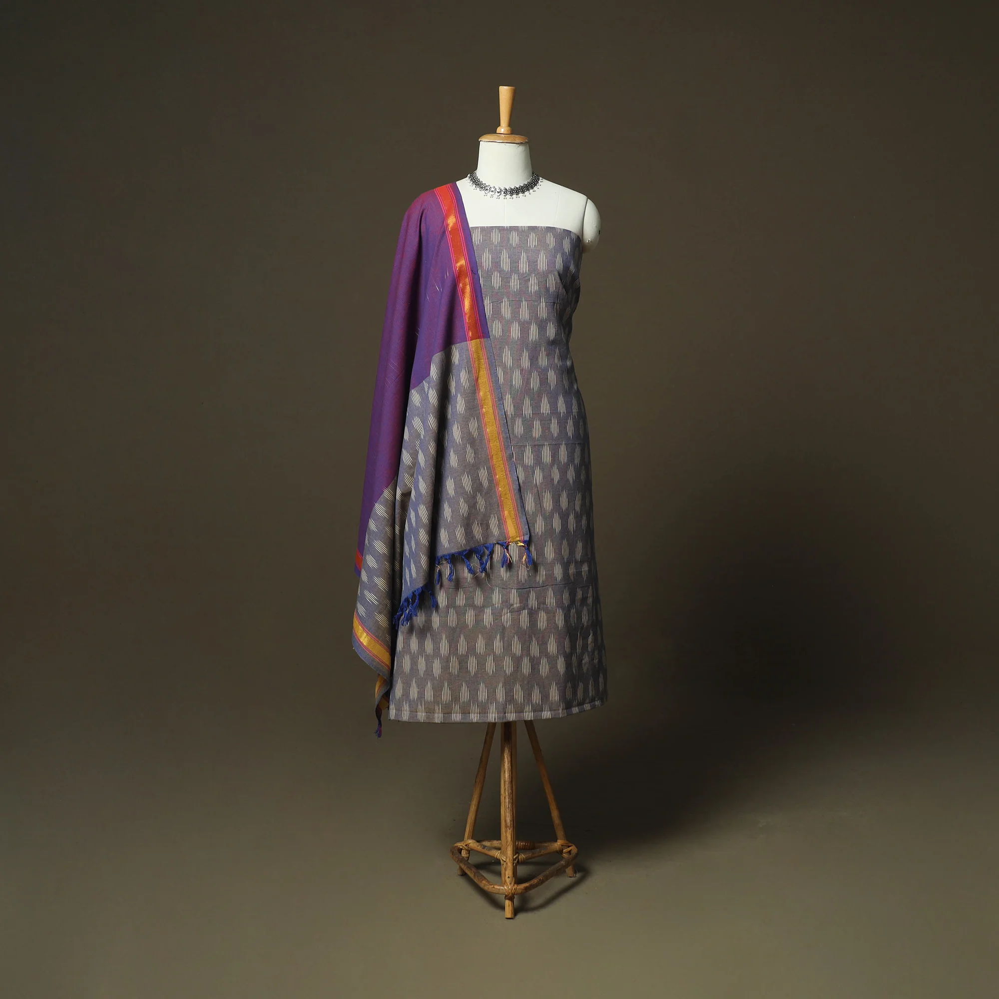 Grey - Pochampally Ikat Weave 3pc Cotton Unstitched Dress Material Suit Set 41