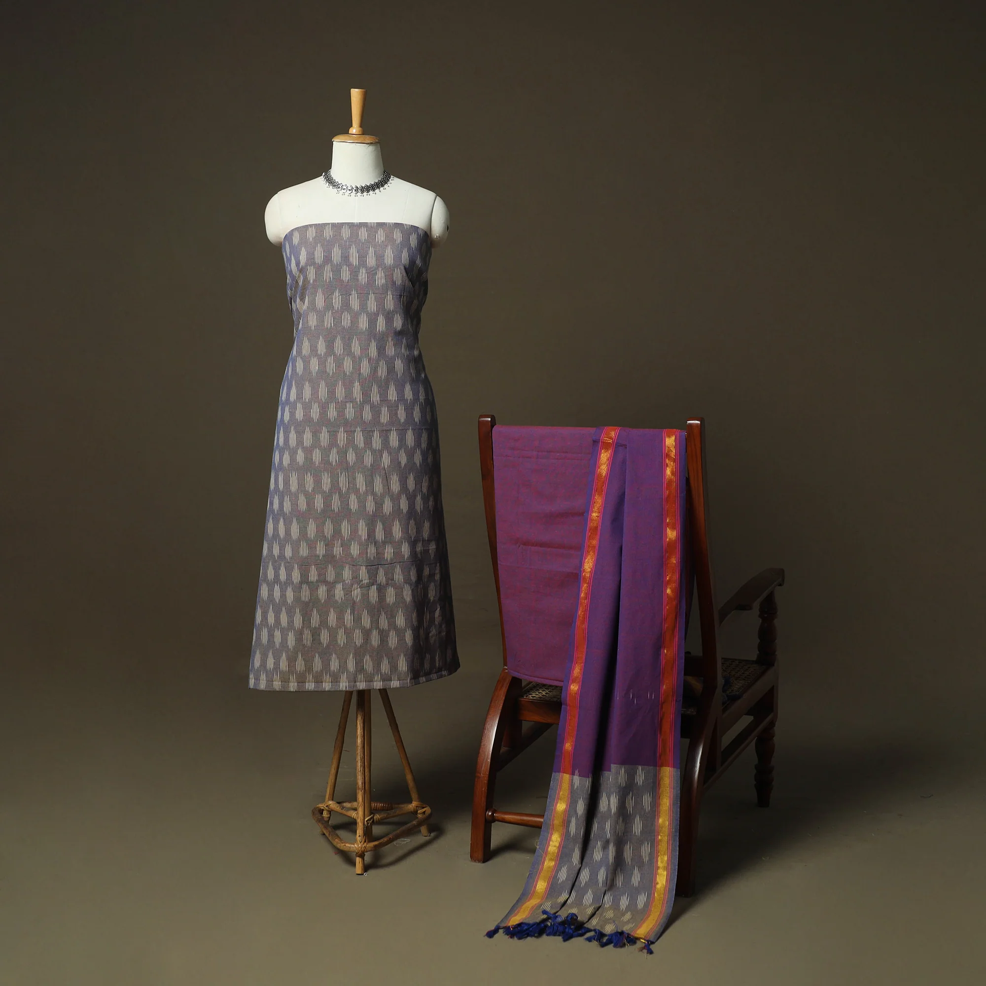 Grey - Pochampally Ikat Weave 3pc Cotton Unstitched Dress Material Suit Set 41 - Image 2