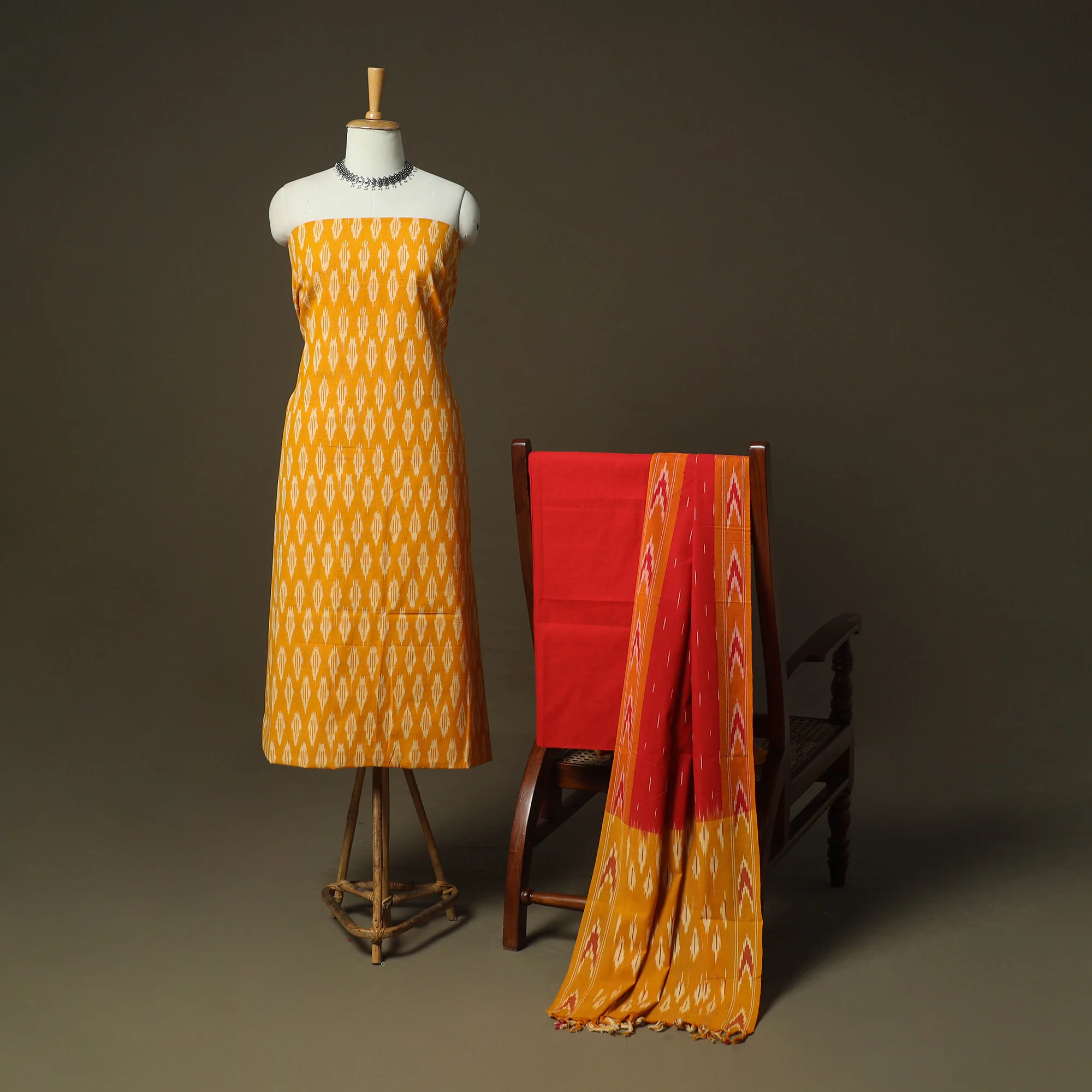 Orange - Pochampally Ikat Weave 3pc Cotton Unstitched Dress Material Suit Set 42 - Image 2