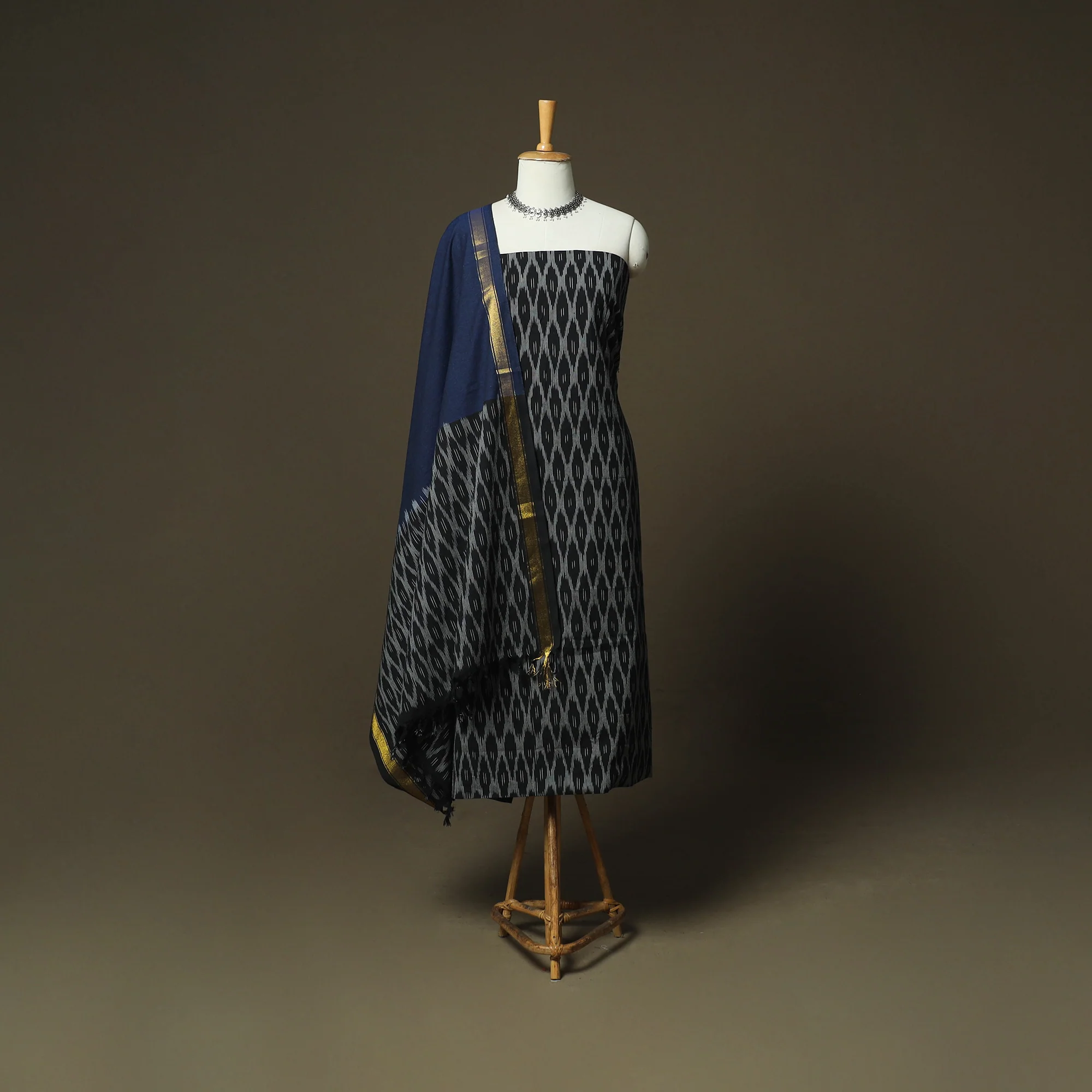 Black - Pochampally Ikat Weave 3pc Cotton Unstitched Dress Material Suit Set 44