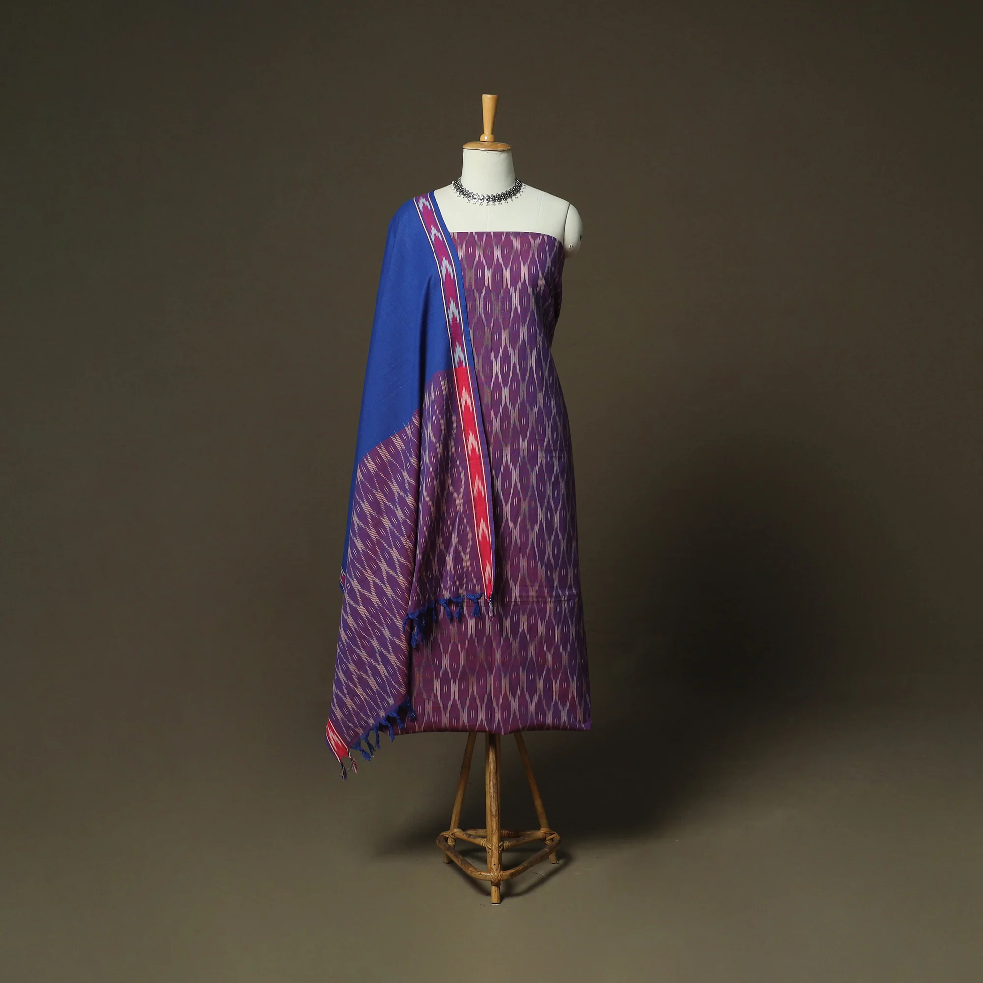 Purple - Pochampally Ikat Weave 3pc Cotton Unstitched Dress Material Suit Set 45