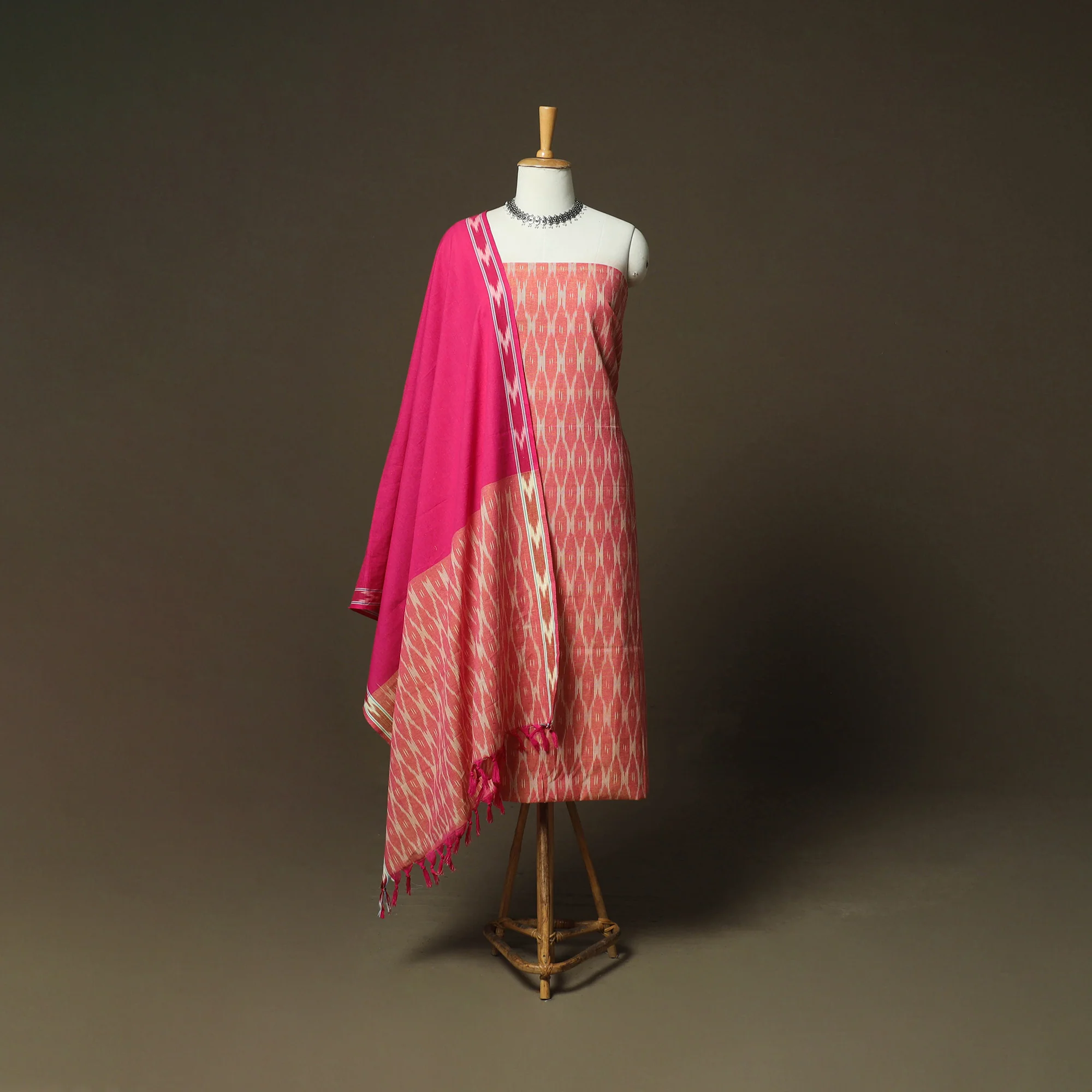 Peach - Pochampally Ikat Weave 3pc Cotton Unstitched Dress Material Suit Set 48