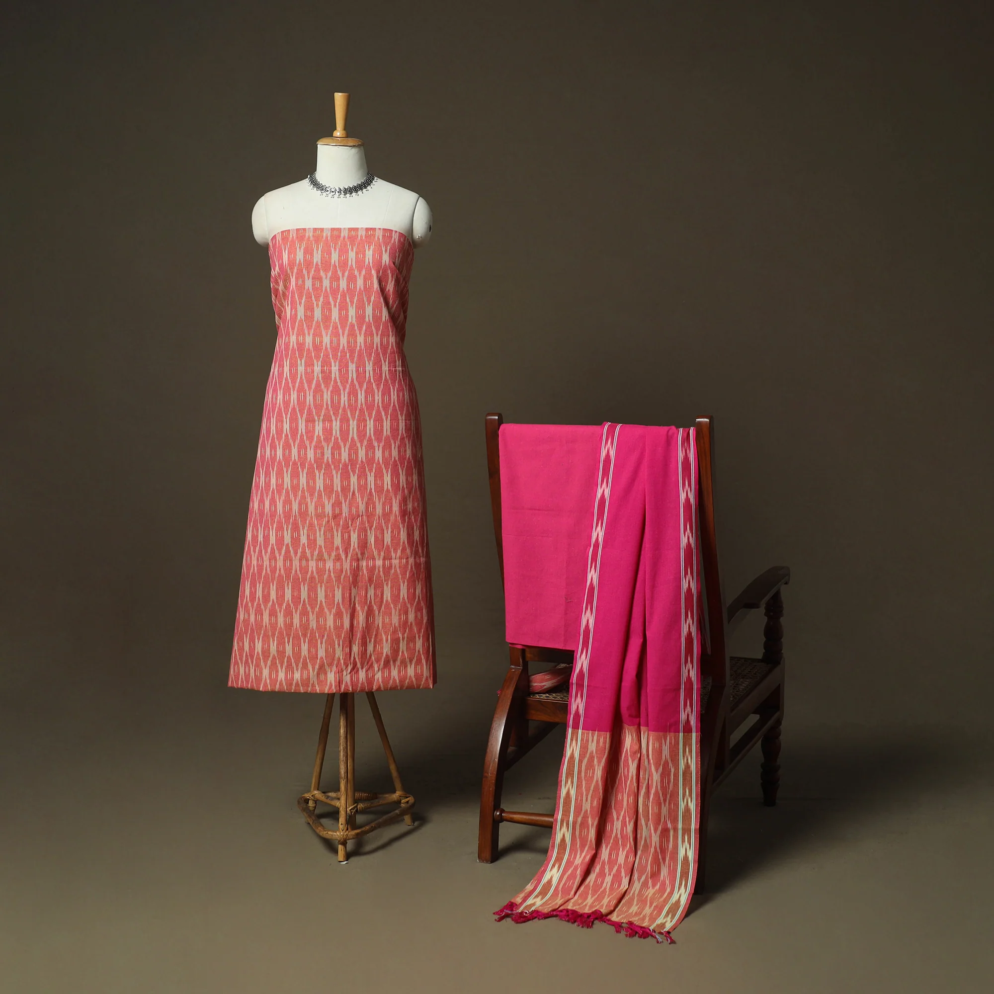 Peach - Pochampally Ikat Weave 3pc Cotton Unstitched Dress Material Suit Set 48 - Image 2