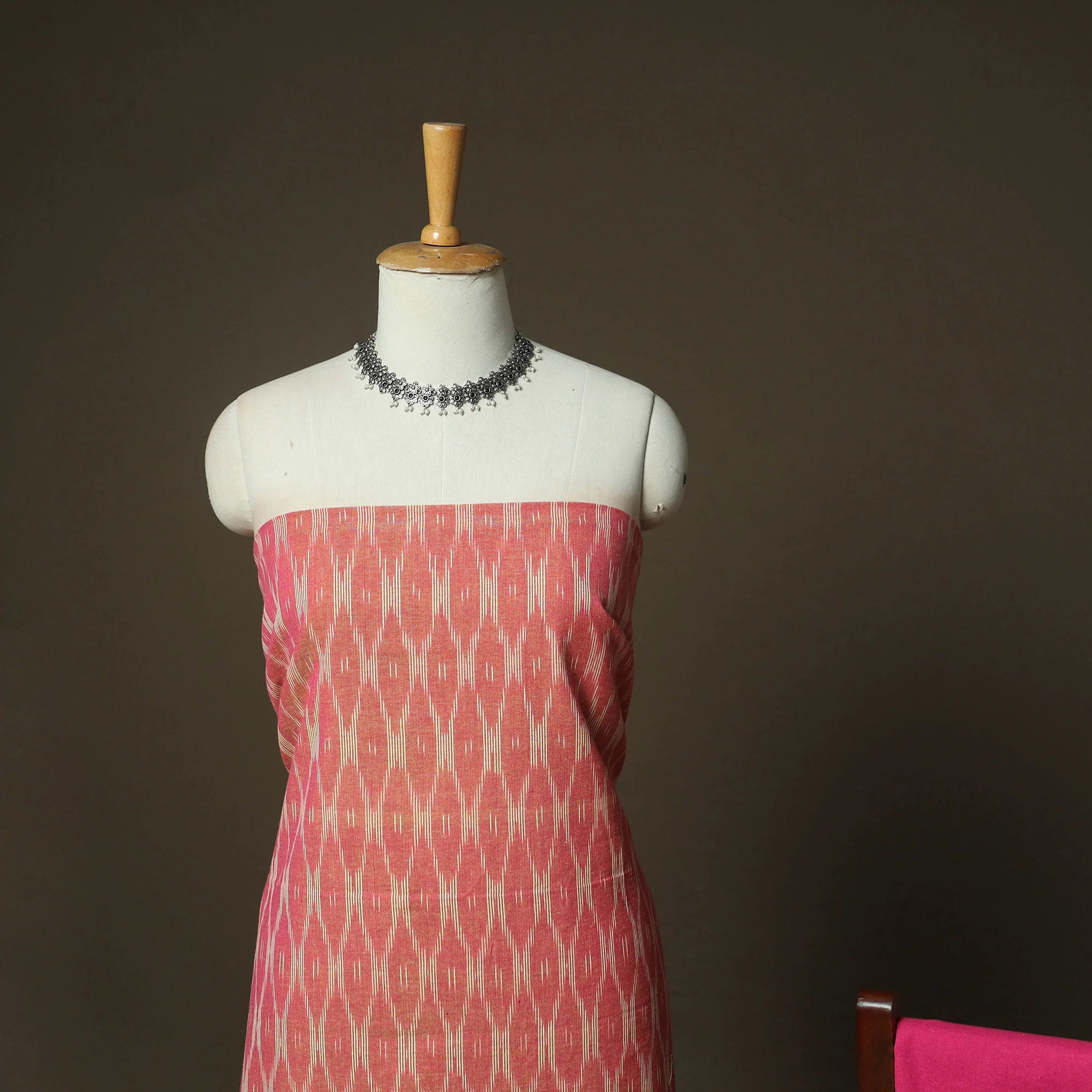 Peach - Pochampally Ikat Weave 3pc Cotton Unstitched Dress Material Suit Set 48 - Image 3