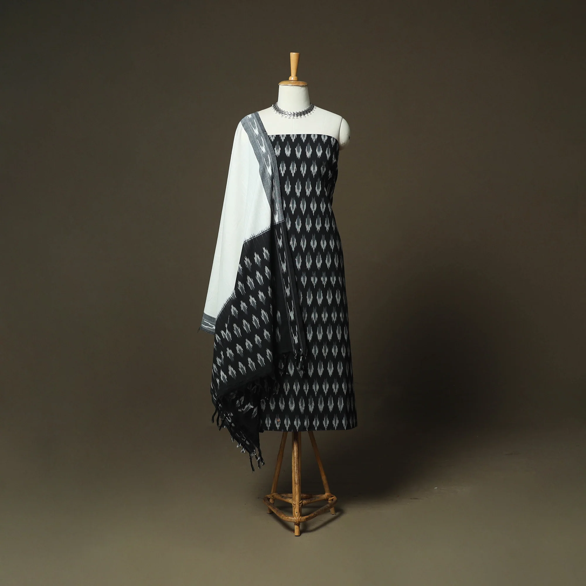 Black - Pochampally Ikat Weave 3pc Cotton Unstitched Dress Material Suit Set 50