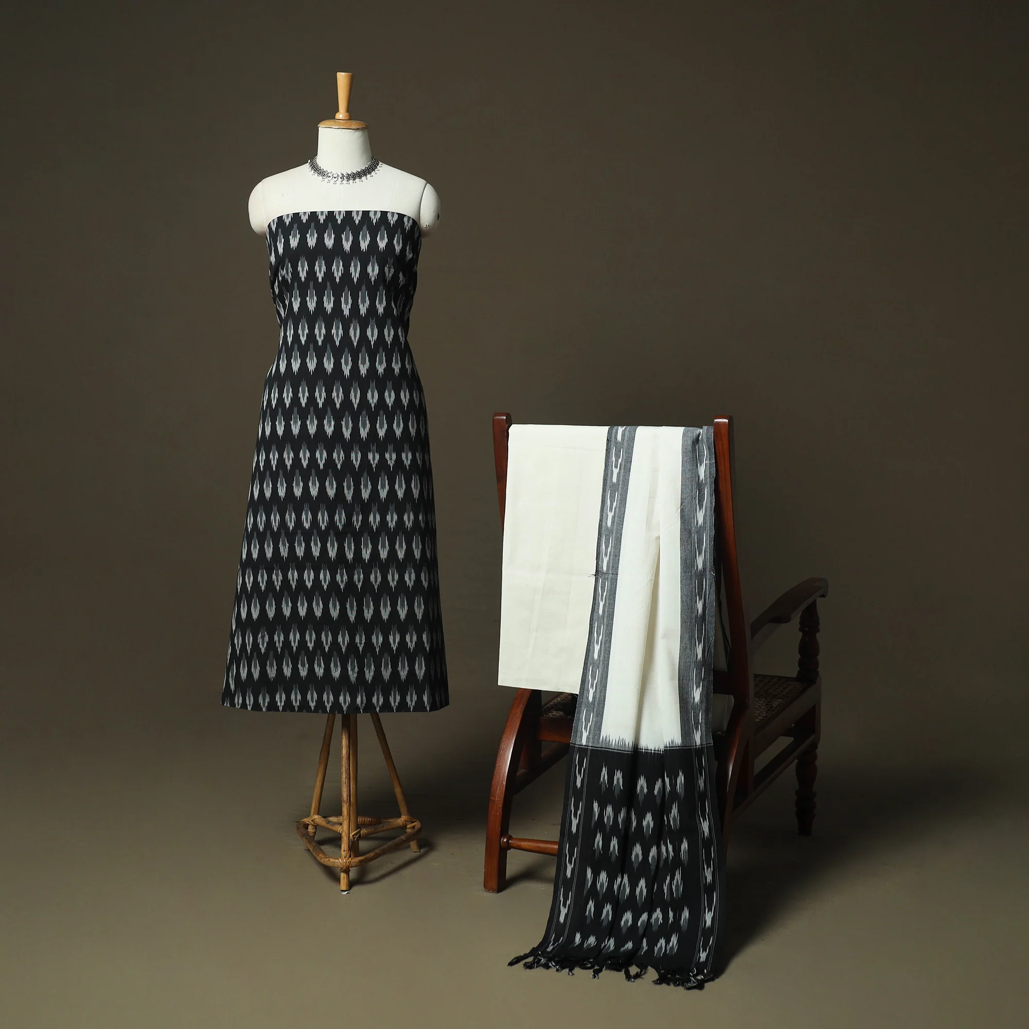 Black - Pochampally Ikat Weave 3pc Cotton Unstitched Dress Material Suit Set 50 - Image 2