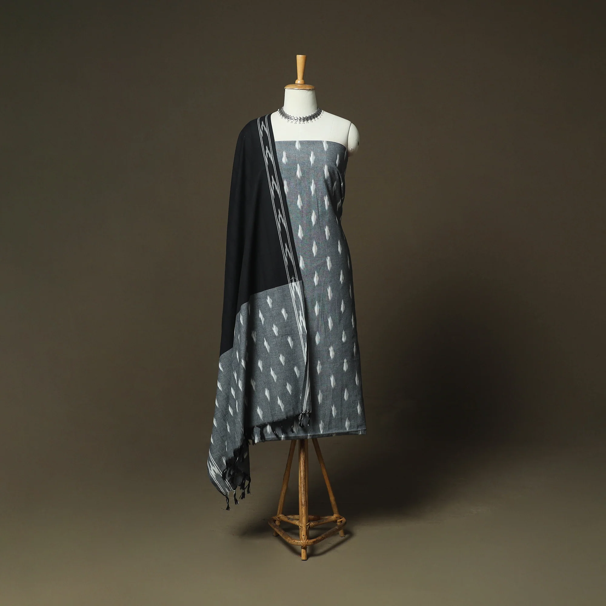 Grey - Pochampally Ikat Weave 3pc Cotton Unstitched Dress Material Suit Set 51