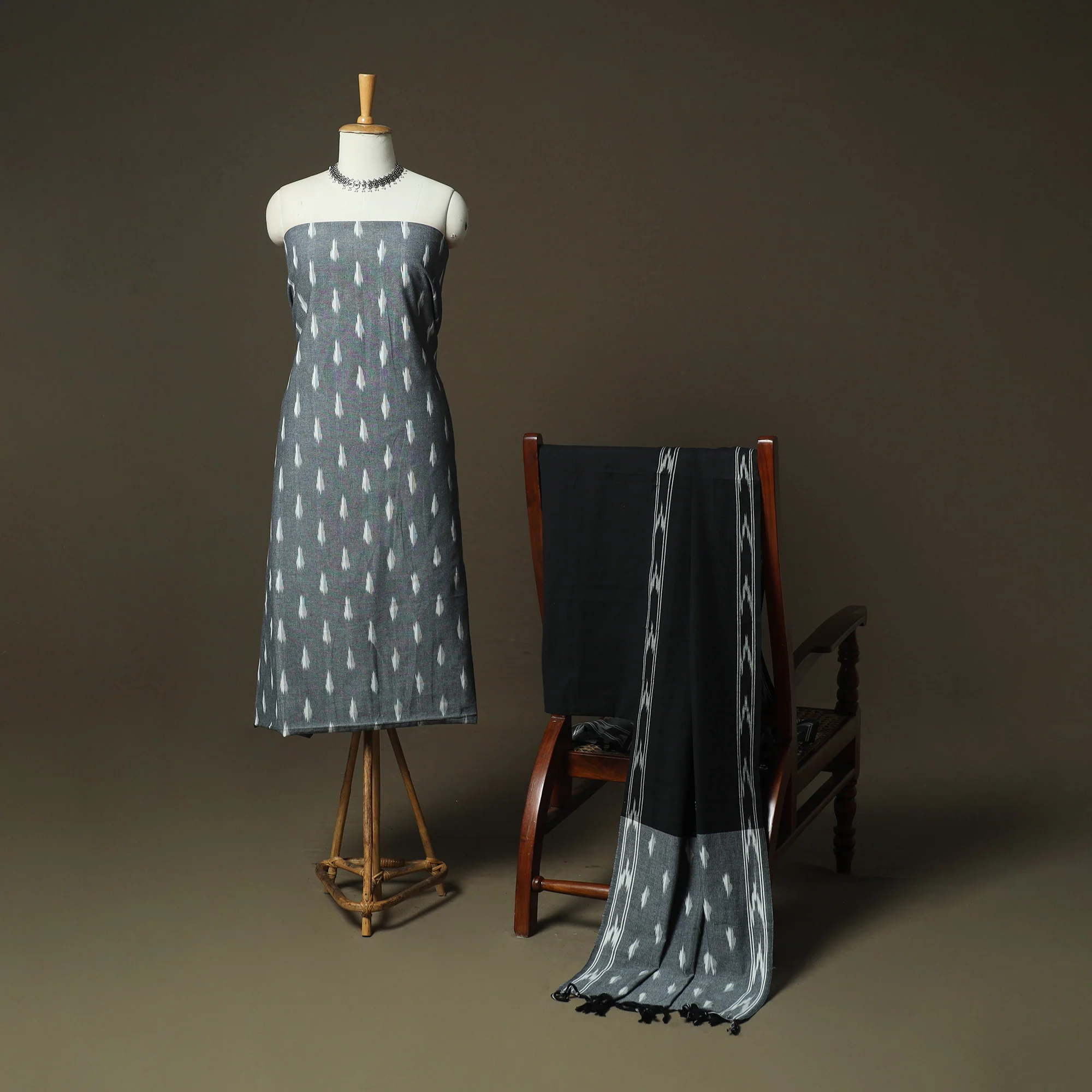 Grey - Pochampally Ikat Weave 3pc Cotton Unstitched Dress Material Suit Set 51 - Image 2