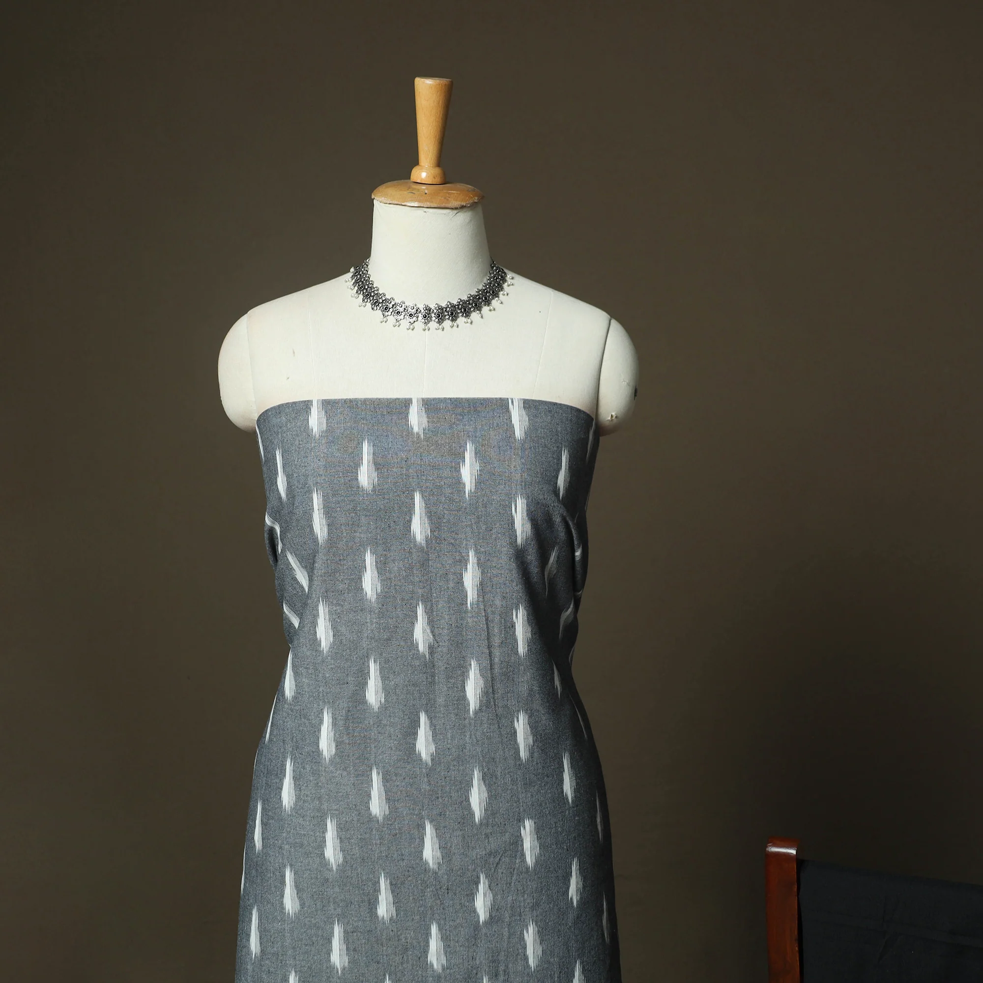 Grey - Pochampally Ikat Weave 3pc Cotton Unstitched Dress Material Suit Set 51 - Image 3