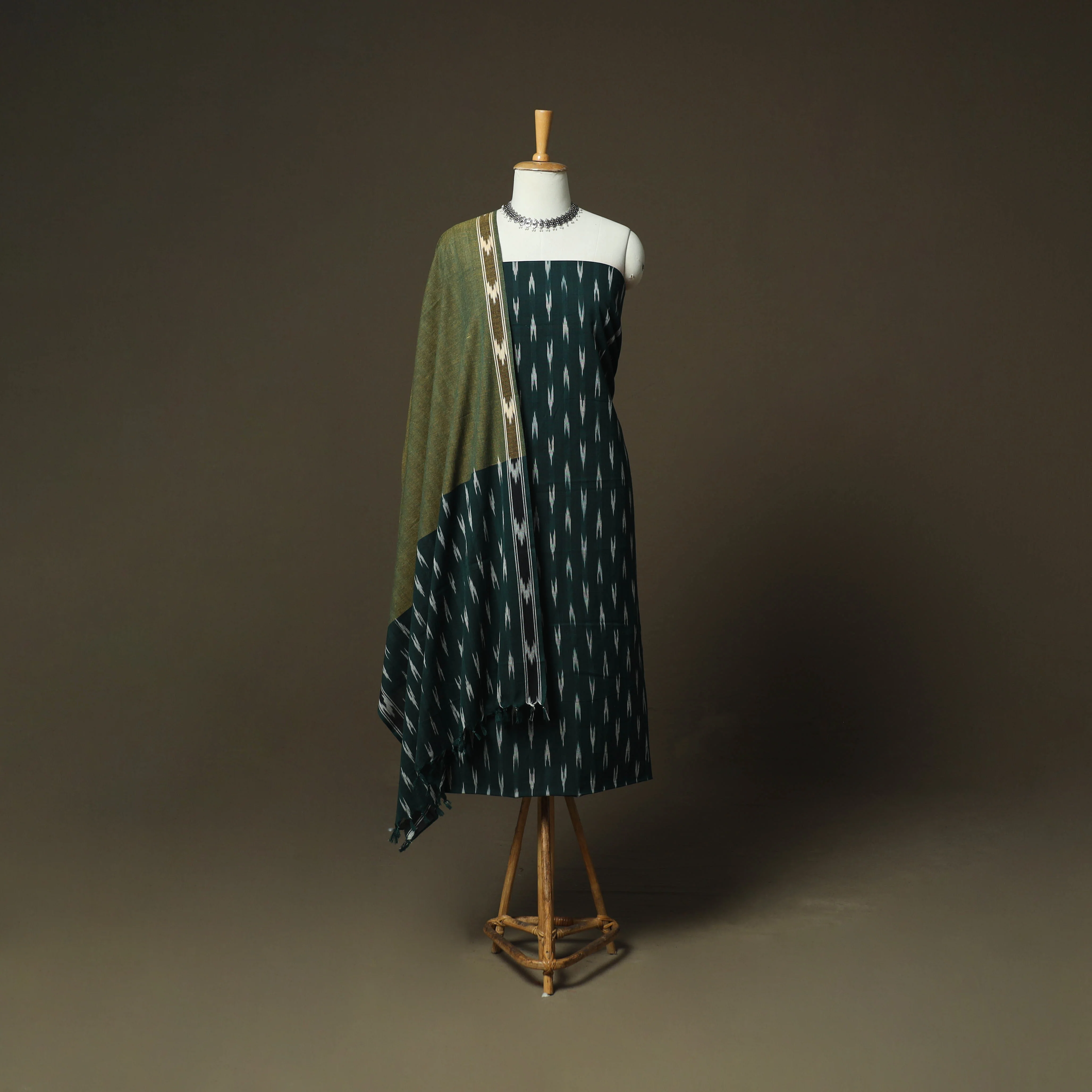 Green - Pochampally Ikat Weave 3pc Cotton Unstitched Dress Material Suit Set 56