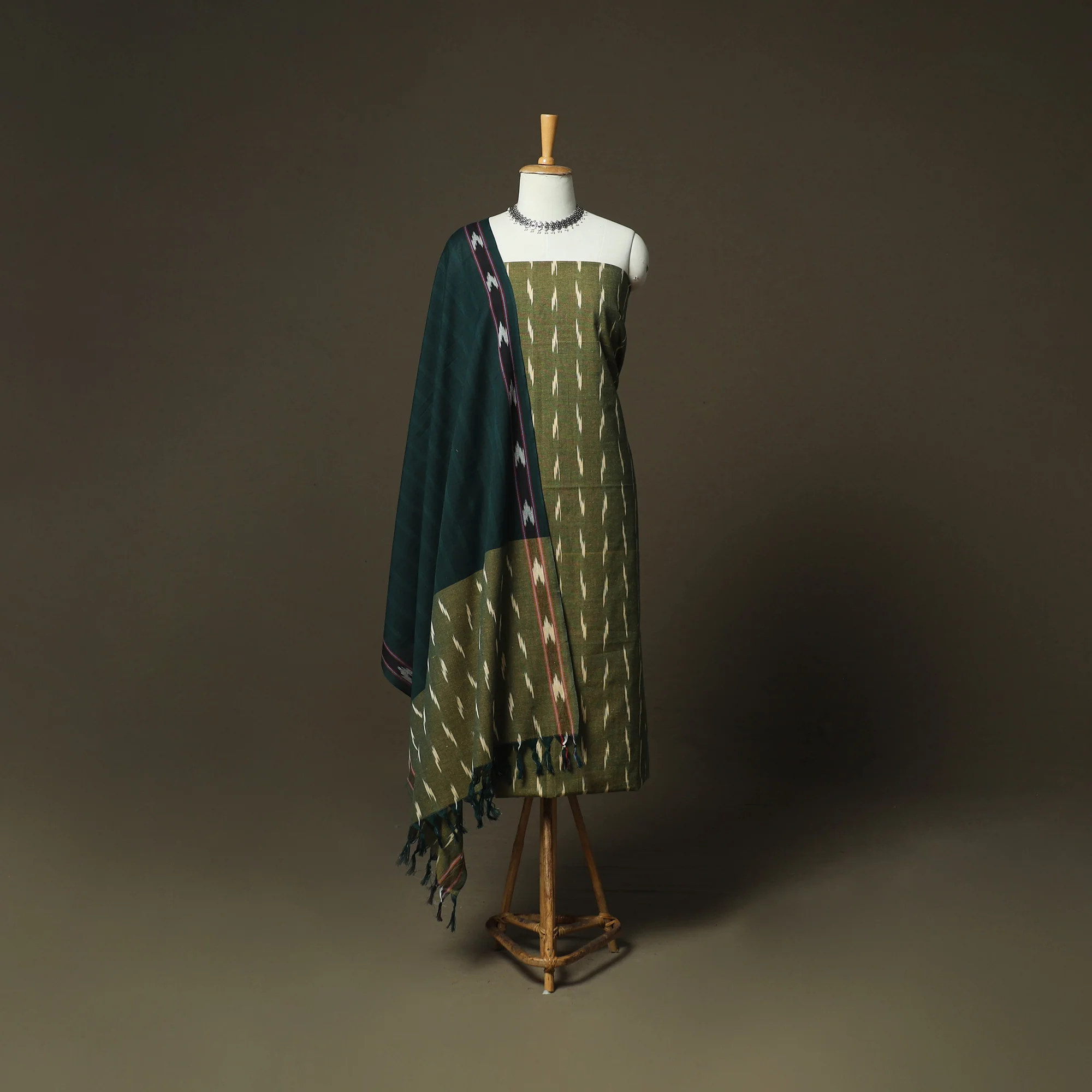 Green - Pochampally Ikat Weave 3pc Cotton Unstitched Dress Material Suit Set 57