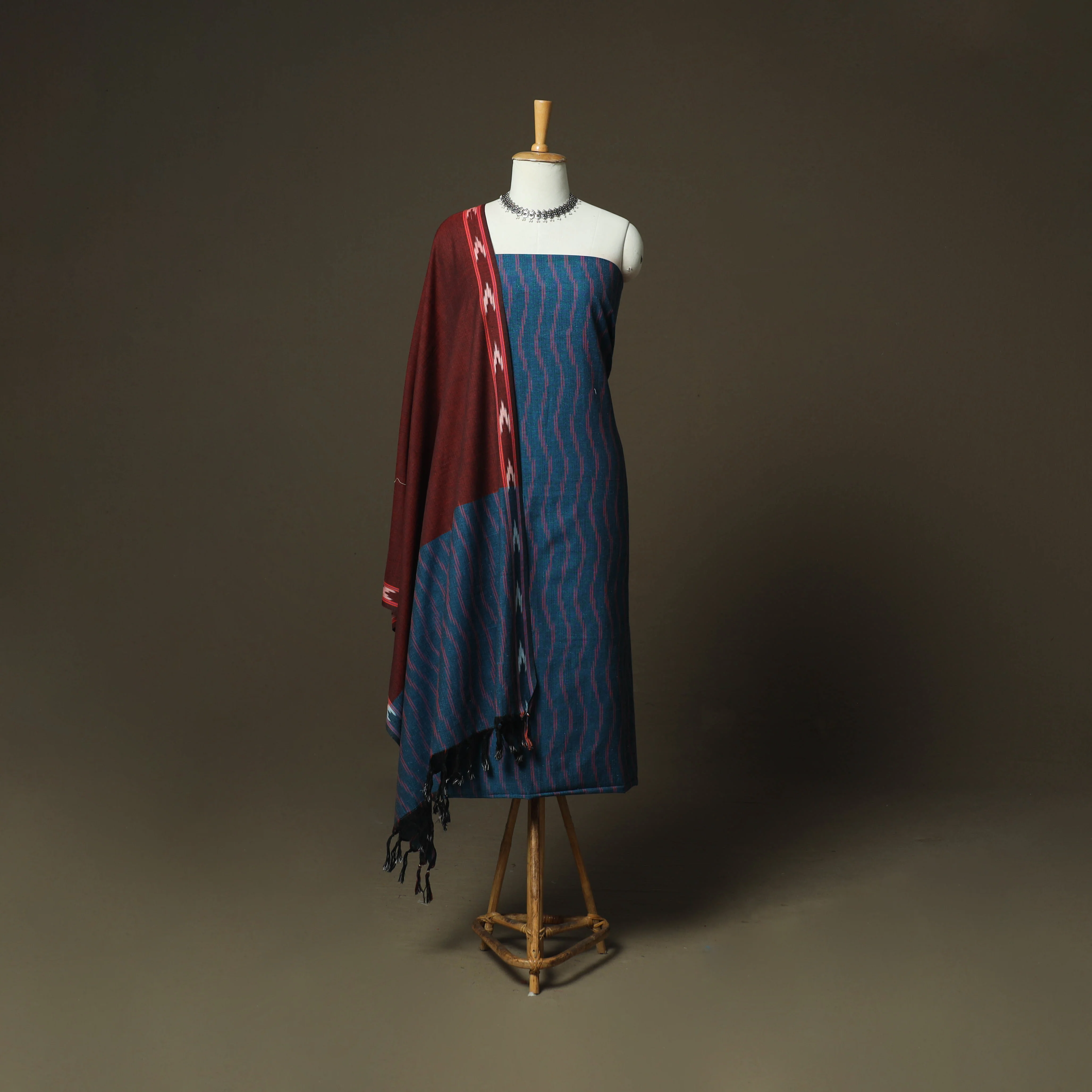 Blue - Pochampally Ikat Weave 3pc Cotton Unstitched Dress Material Suit Set 61
