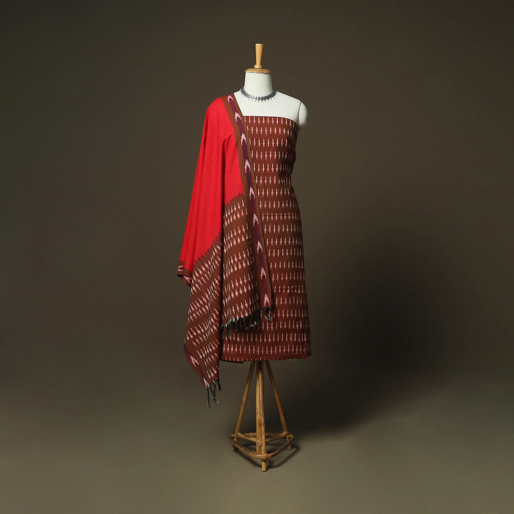Brown - Pochampally Ikat Weave 3pc Cotton Unstitched Dress Material Suit Set 69