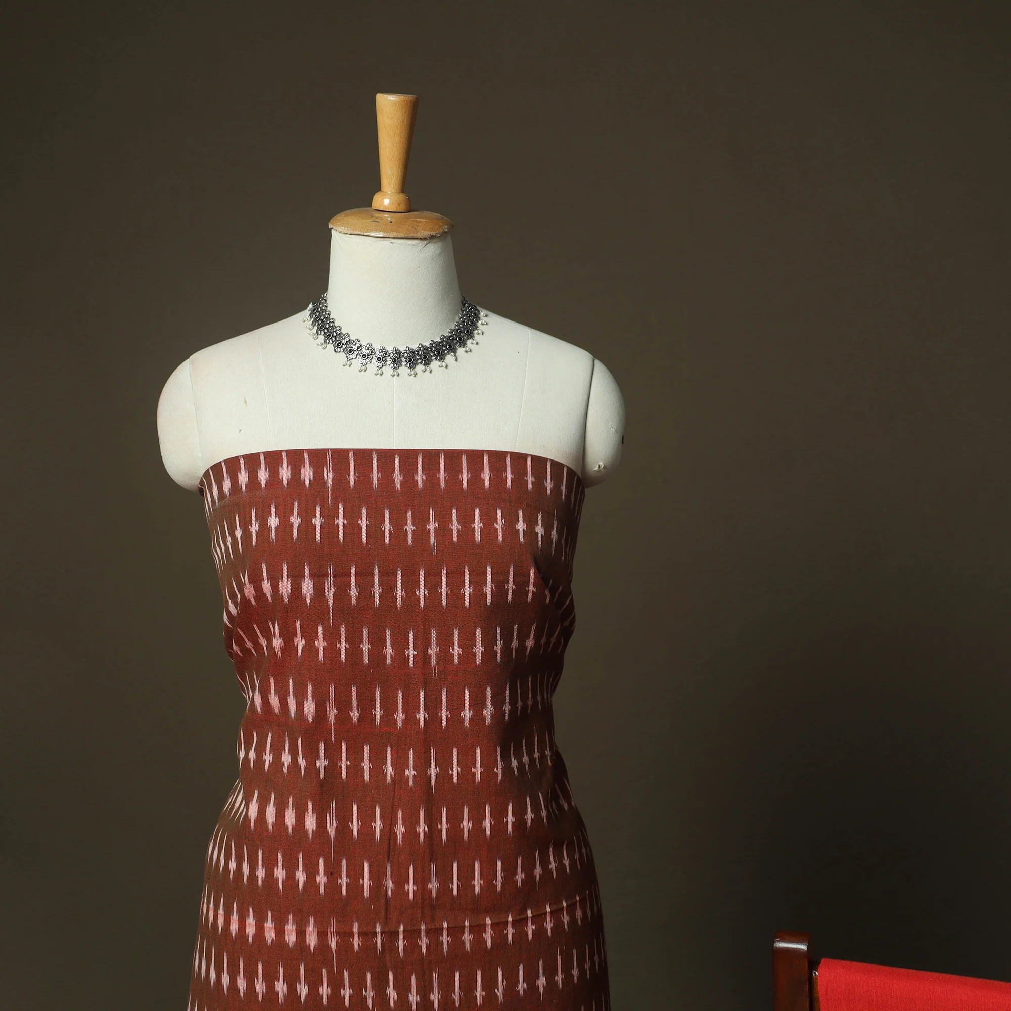 Brown - Pochampally Ikat Weave 3pc Cotton Unstitched Dress Material Suit Set 69 - Image 3