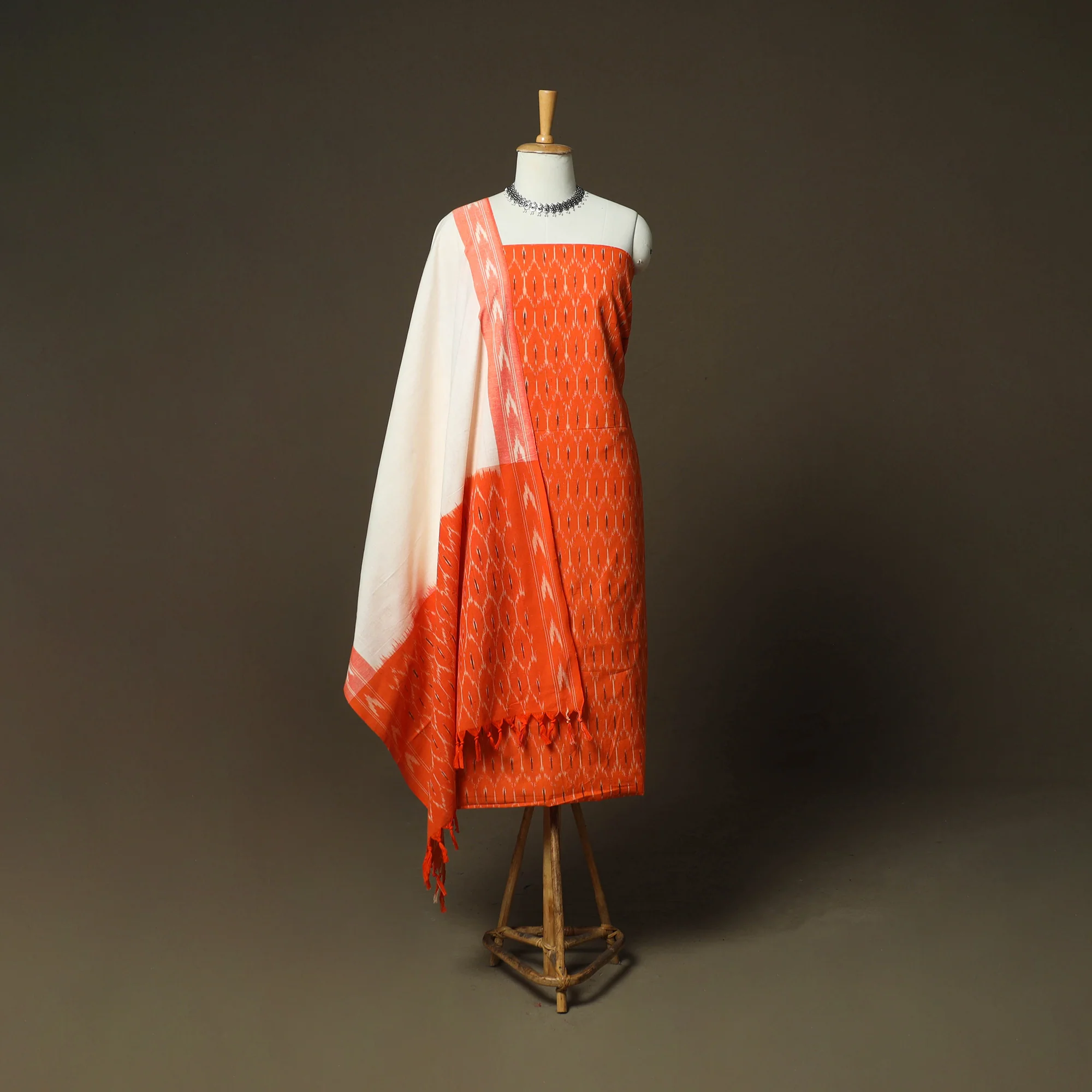 Orange - Pochampally Ikat Weave 3pc Cotton Unstitched Dress Material Suit Set 74