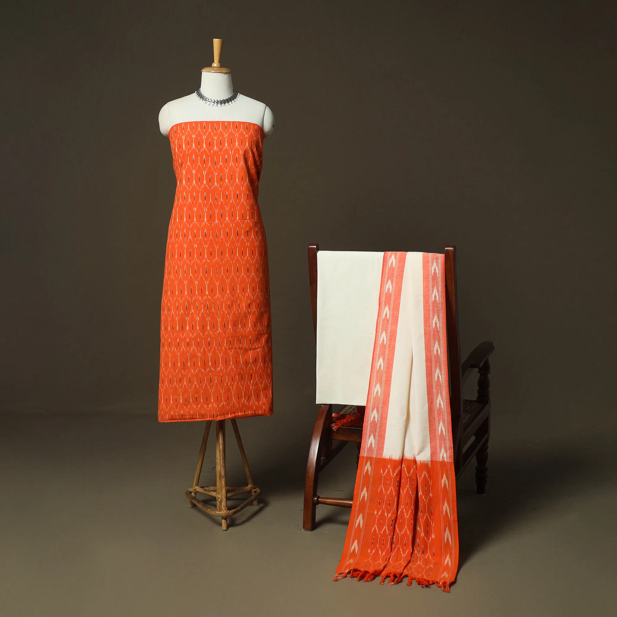 Orange - Pochampally Ikat Weave 3pc Cotton Unstitched Dress Material Suit Set 74 - Image 2