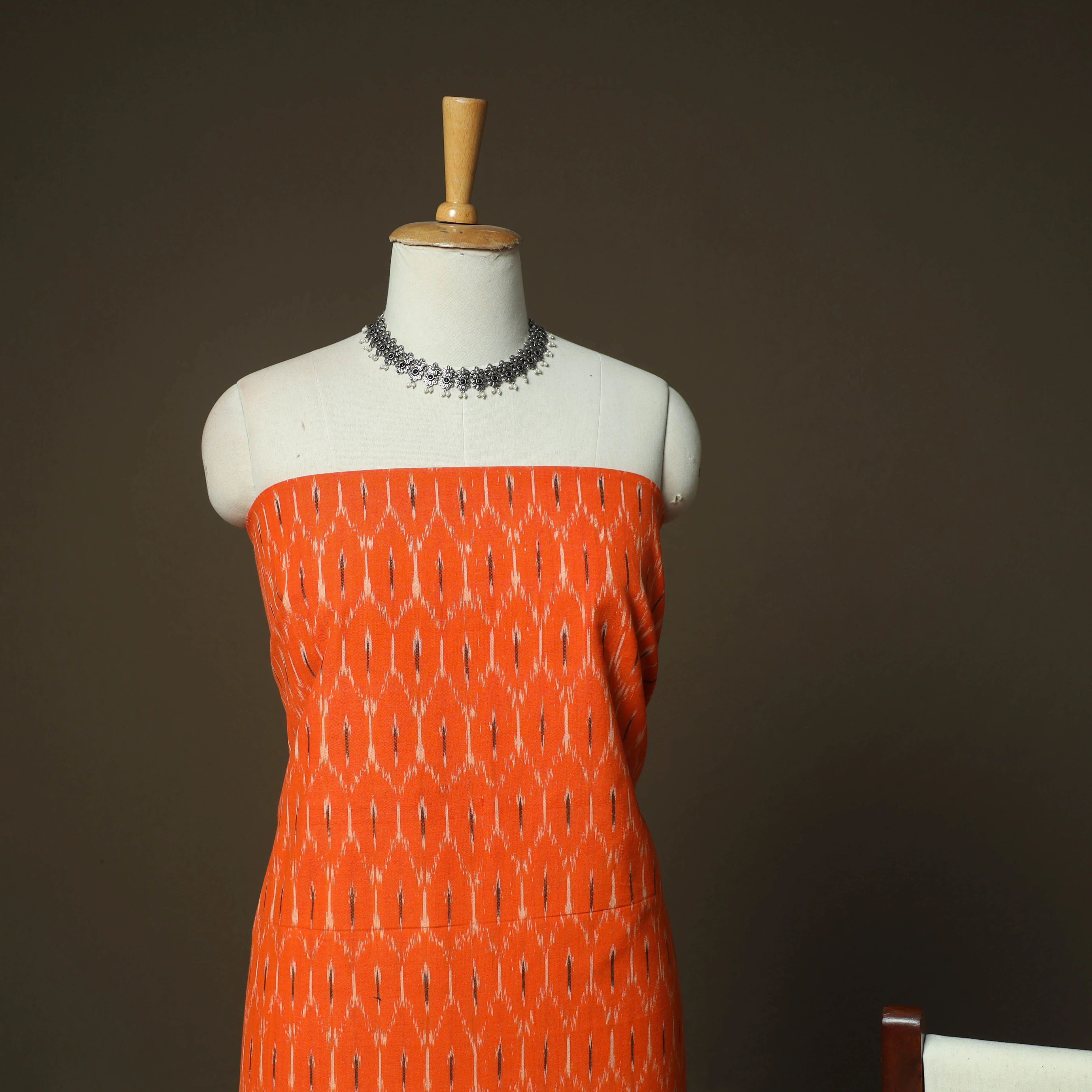 Orange - Pochampally Ikat Weave 3pc Cotton Unstitched Dress Material Suit Set 74 - Image 3