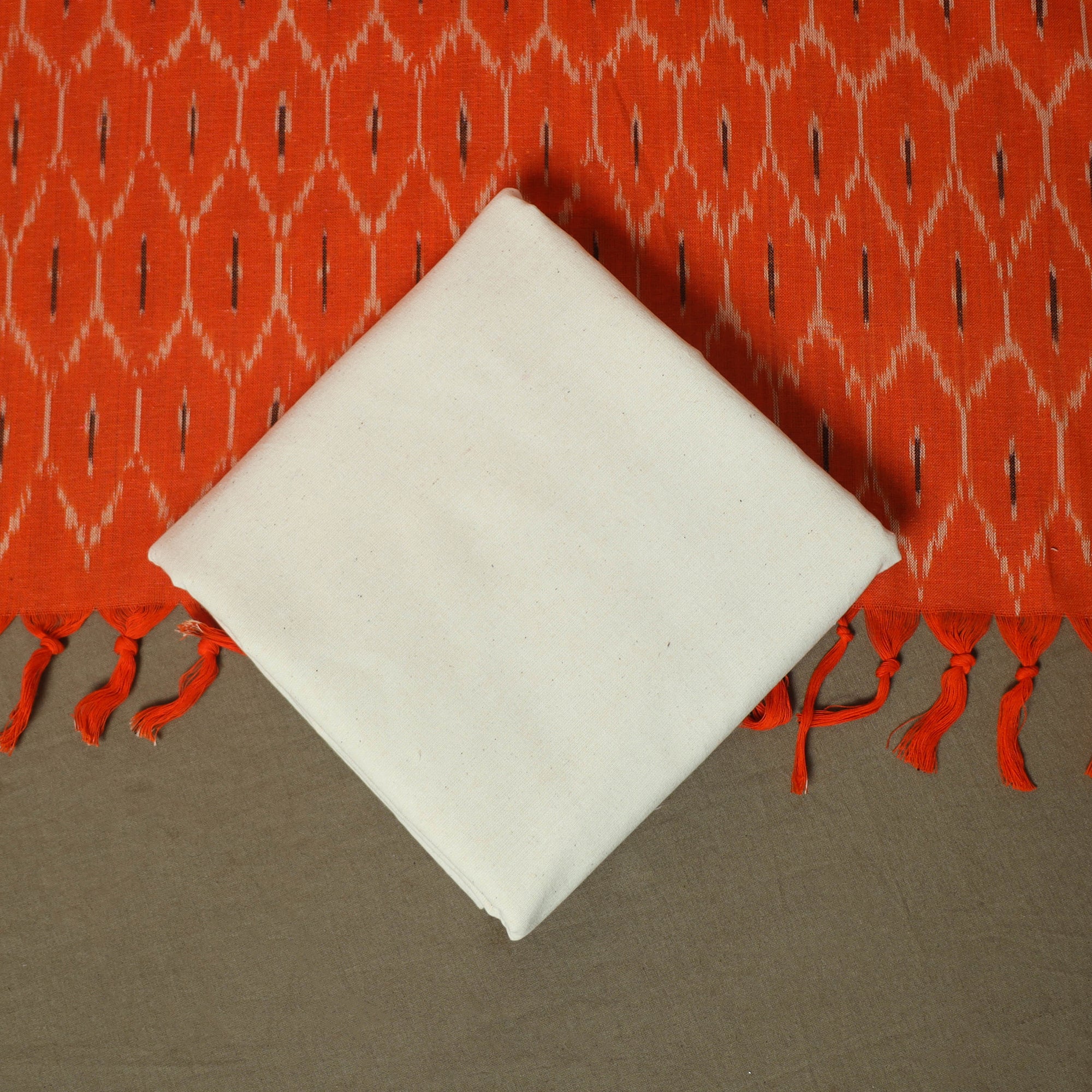 Orange - Pochampally Ikat Weave 3pc Cotton Unstitched Dress Material Suit Set 74 - Image 5