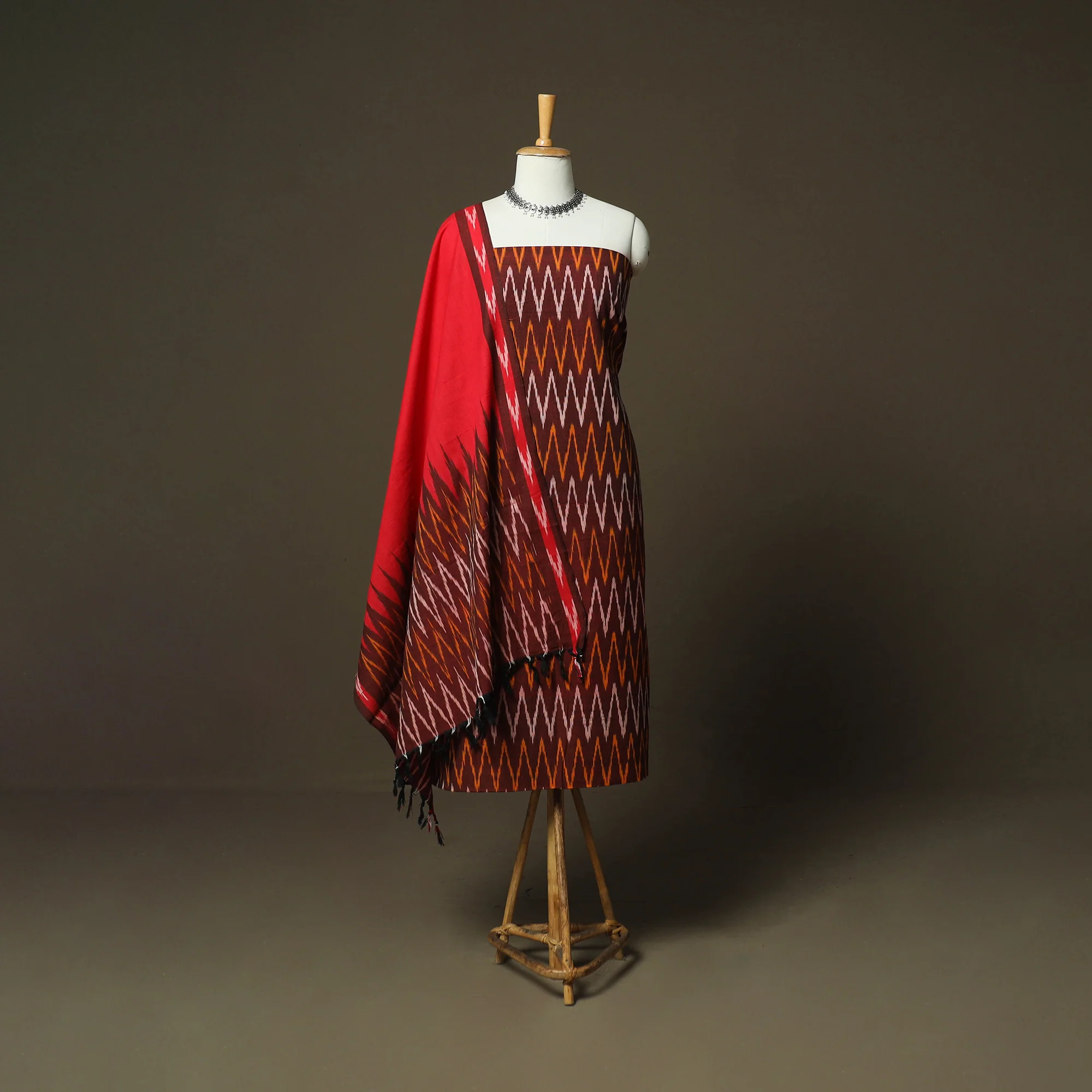 Maroon - Pochampally Ikat Weave 3pc Cotton Unstitched Dress Material Suit Set 75
