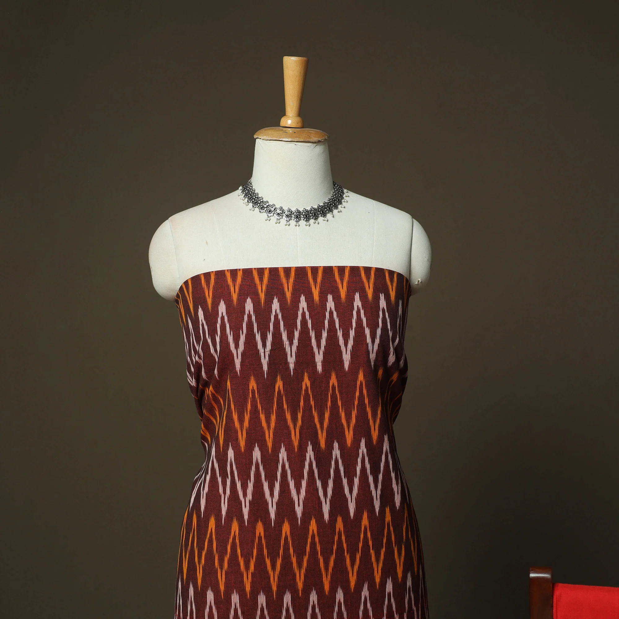 Maroon - Pochampally Ikat Weave 3pc Cotton Unstitched Dress Material Suit Set 75 - Image 3