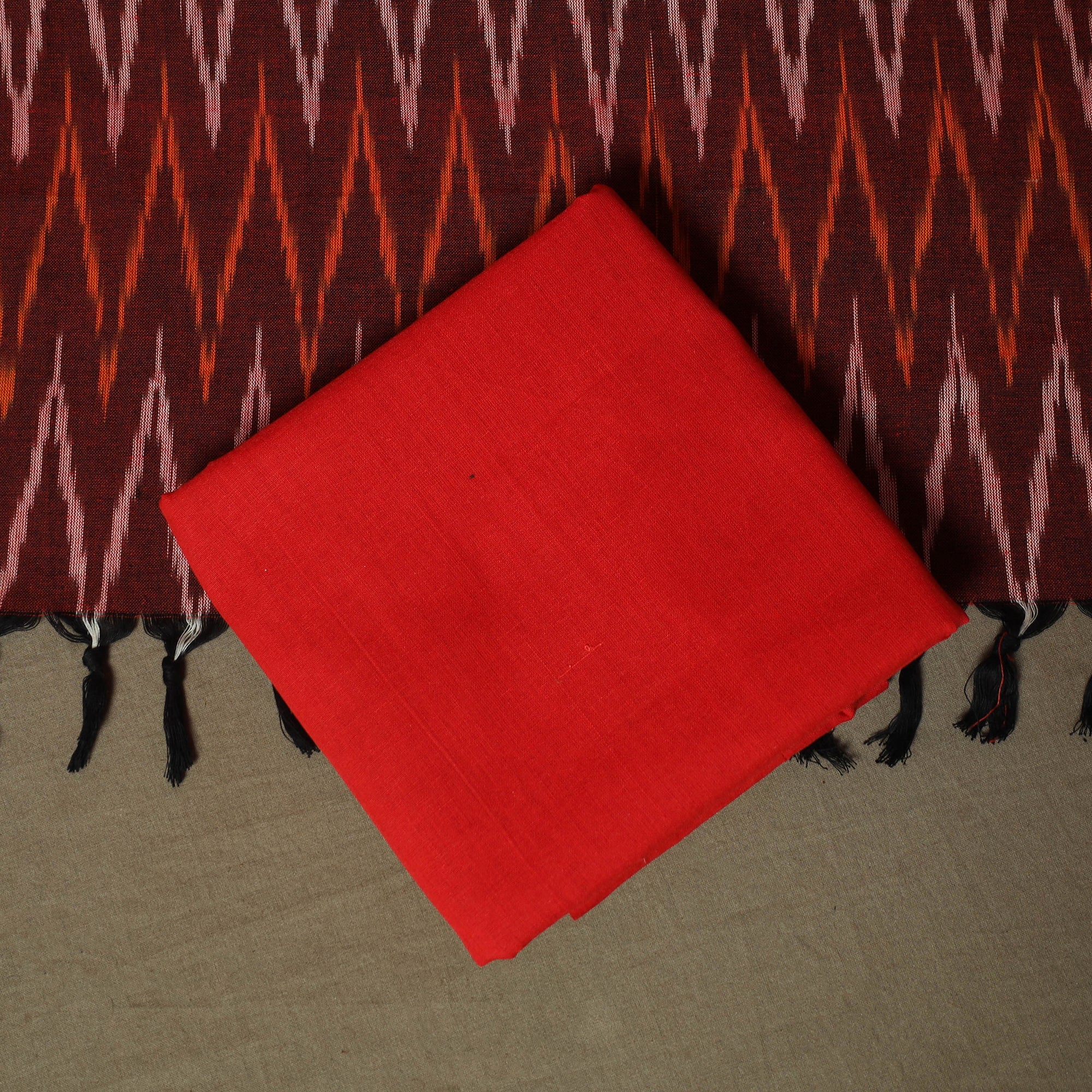 Maroon - Pochampally Ikat Weave 3pc Cotton Unstitched Dress Material Suit Set 75 - Image 5