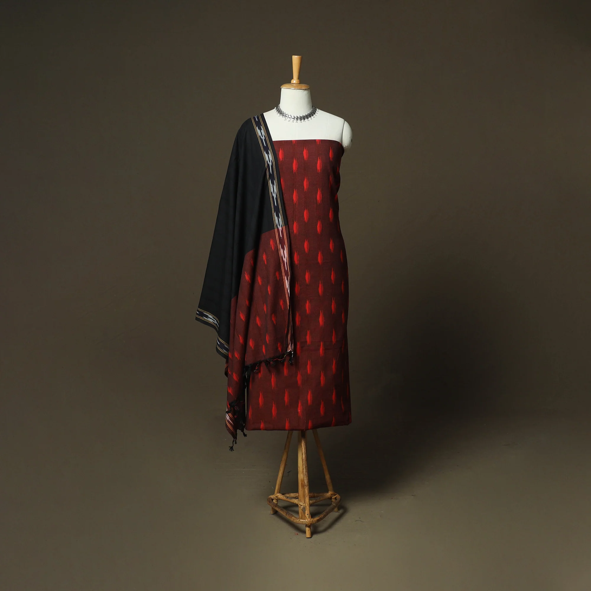 Maroon - Pochampally Ikat Weave 3pc Cotton Unstitched Dress Material Suit Set 76