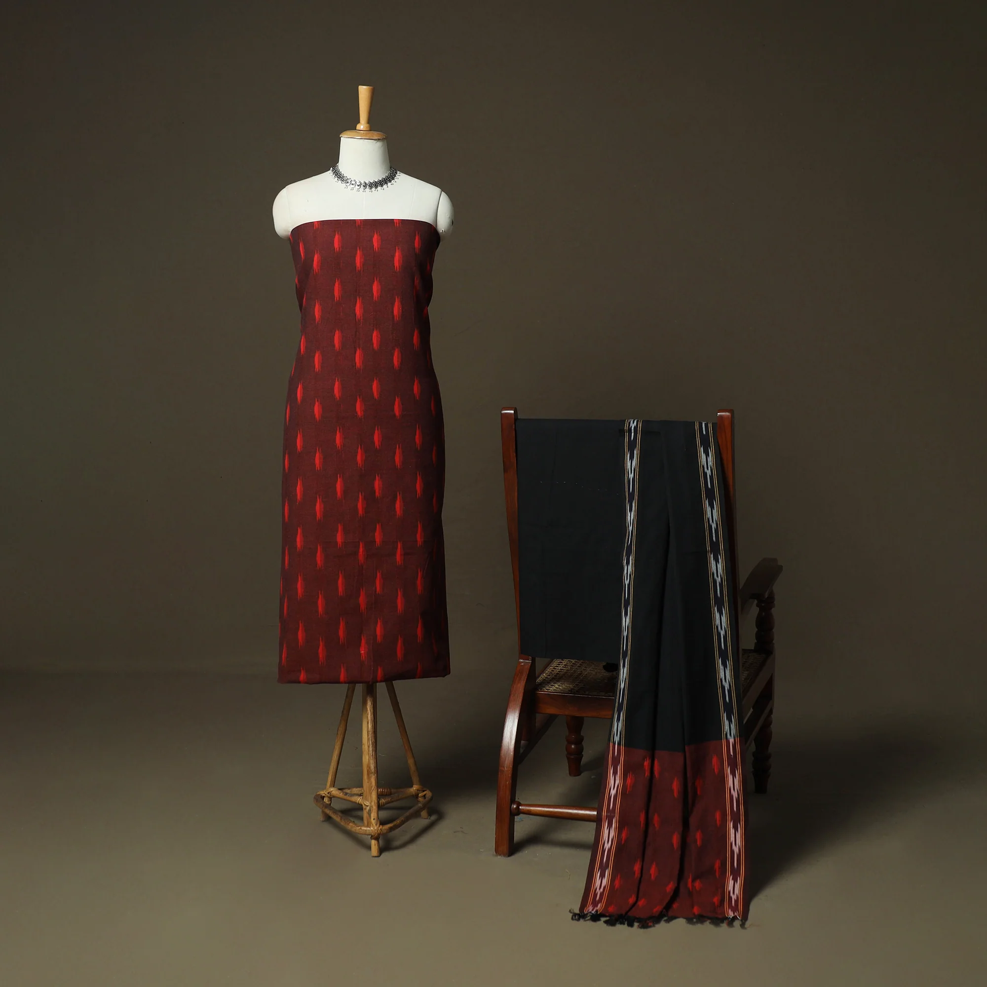 Maroon - Pochampally Ikat Weave 3pc Cotton Unstitched Dress Material Suit Set 76 - Image 2