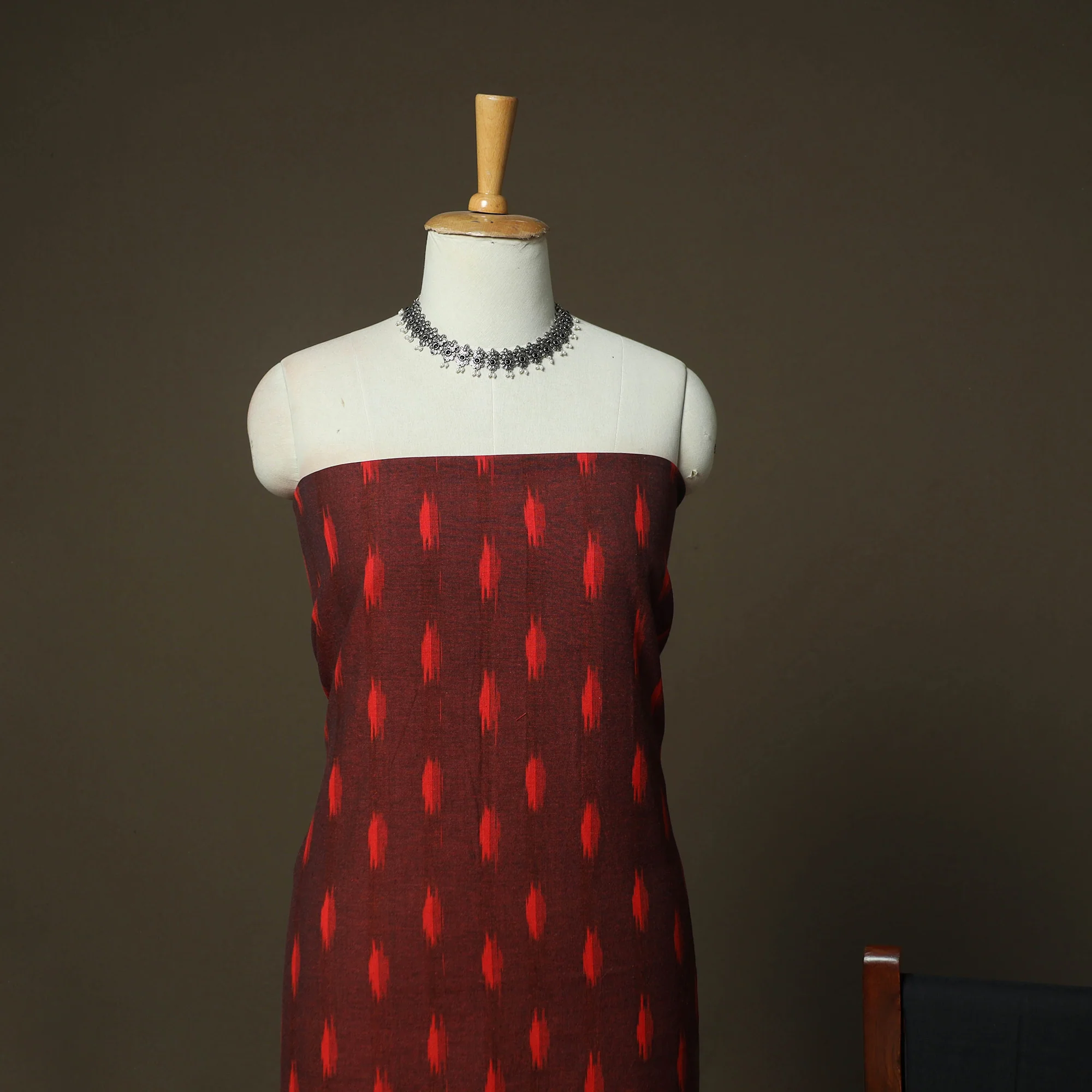 Maroon - Pochampally Ikat Weave 3pc Cotton Unstitched Dress Material Suit Set 76 - Image 3