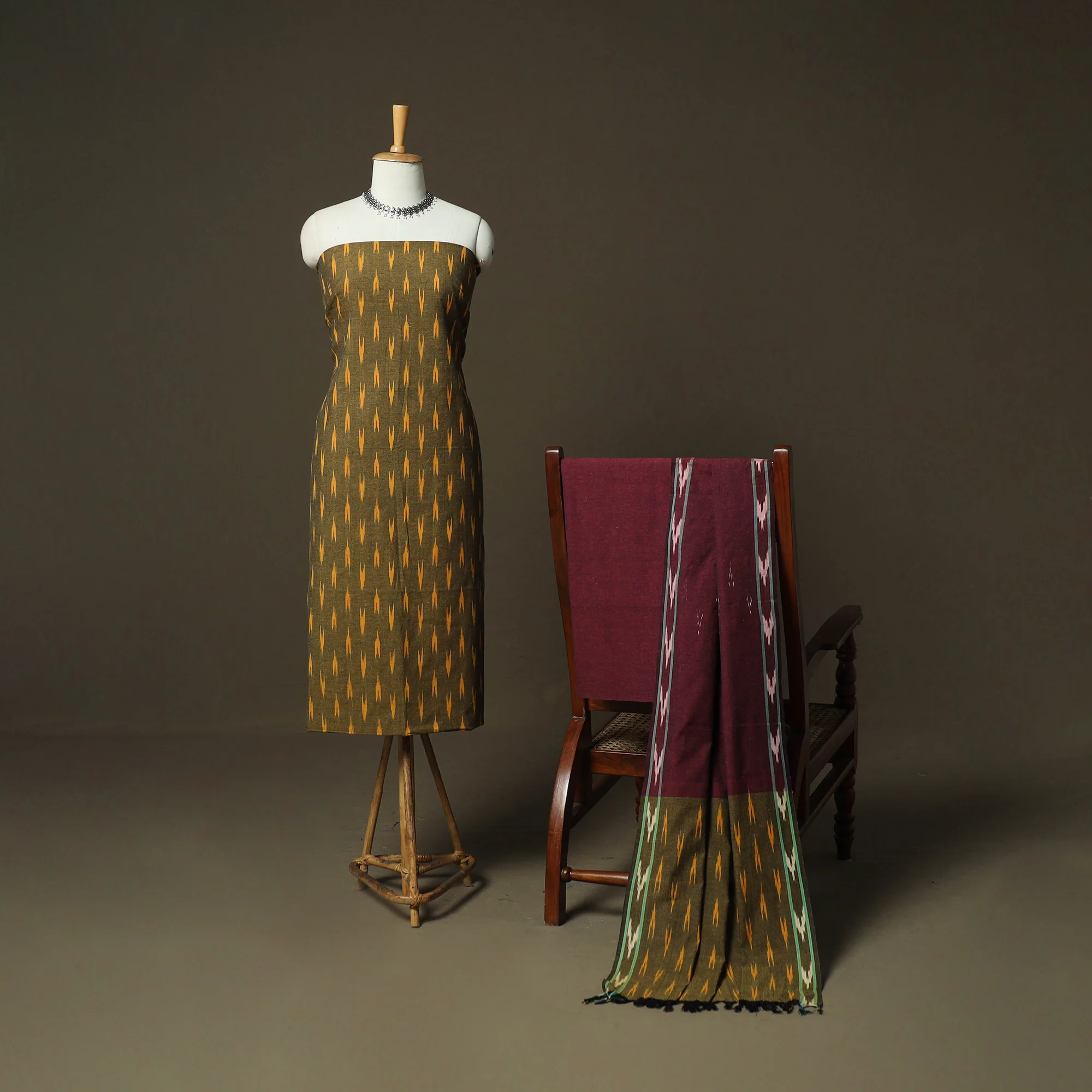 Green - Pochampally Ikat Weave 3pc Cotton Unstitched Dress Material Suit Set 77 - Image 2