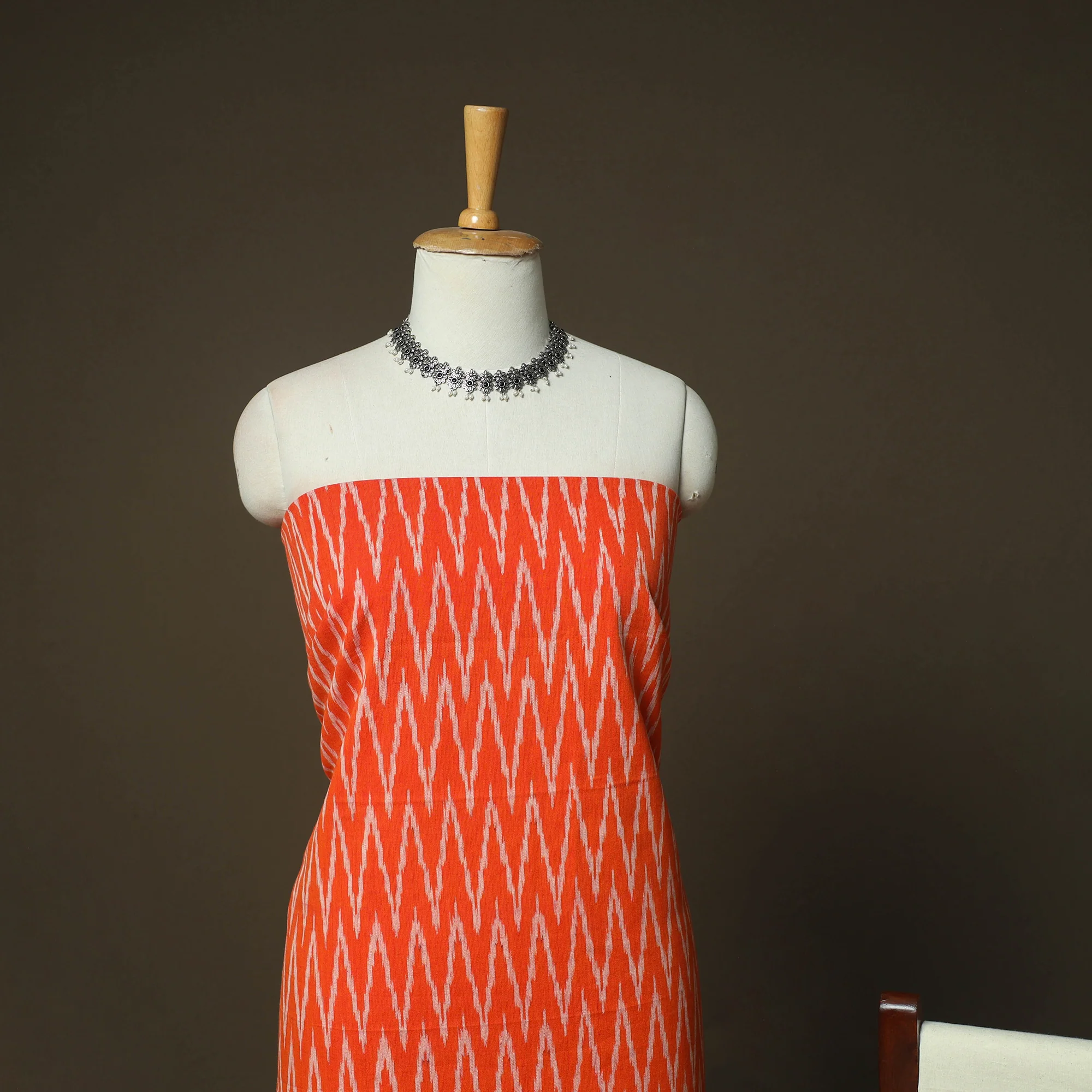 Orange - Pochampally Ikat Weave 3pc Cotton Unstitched Dress Material Suit Set 80 - Image 3