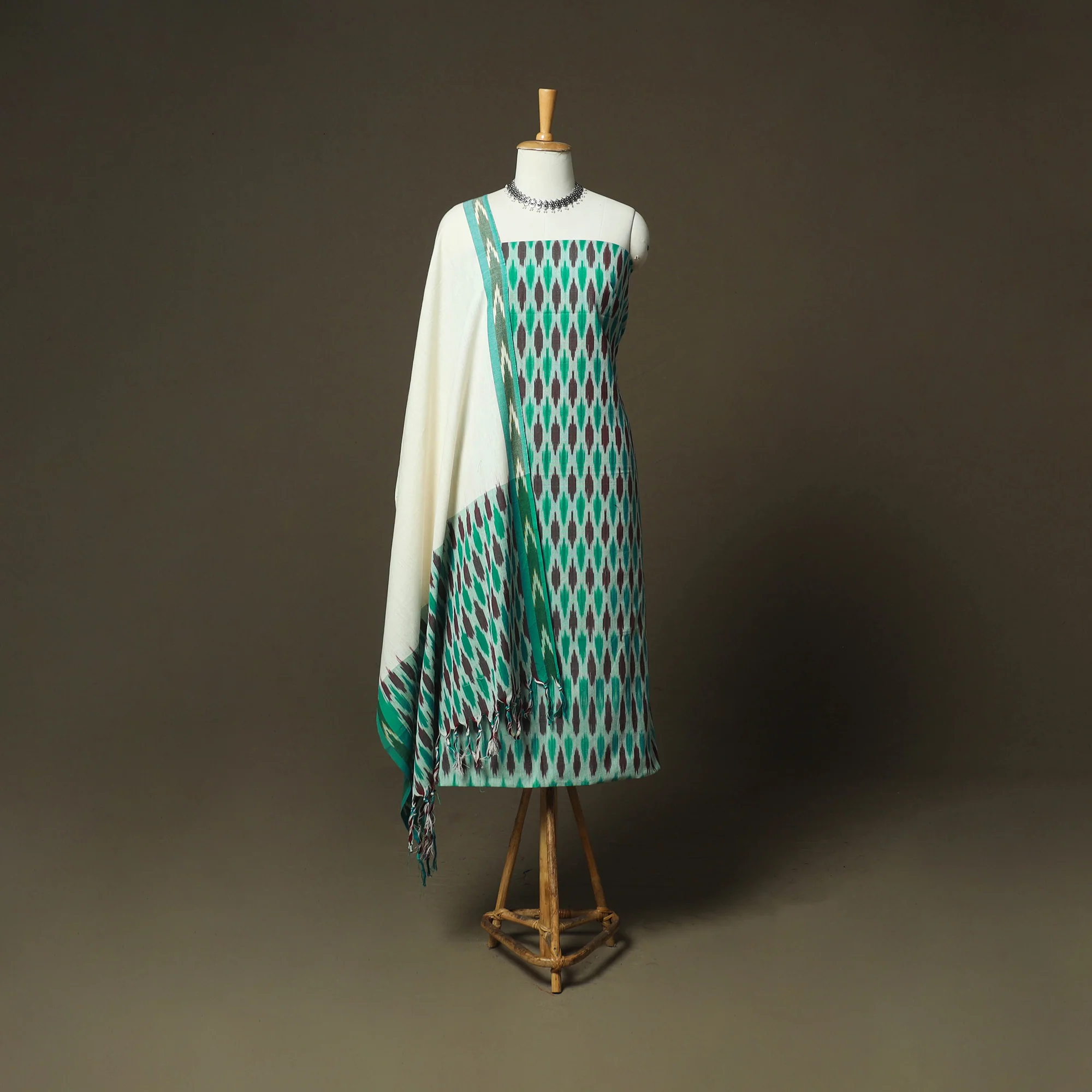 Green - Pochampally Ikat Weave 3pc Cotton Unstitched Dress Material Suit Set 84