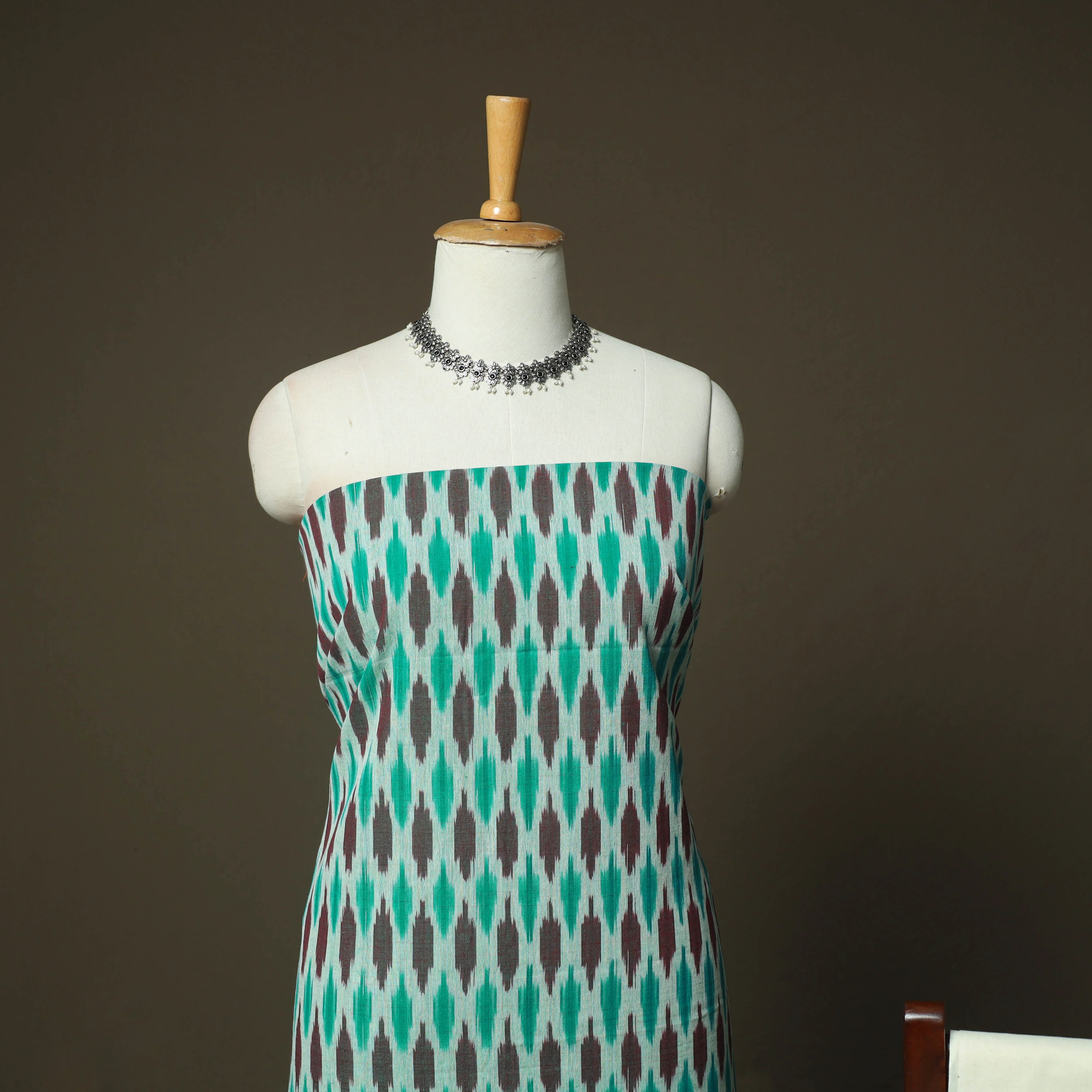 Green - Pochampally Ikat Weave 3pc Cotton Unstitched Dress Material Suit Set 84 - Image 3