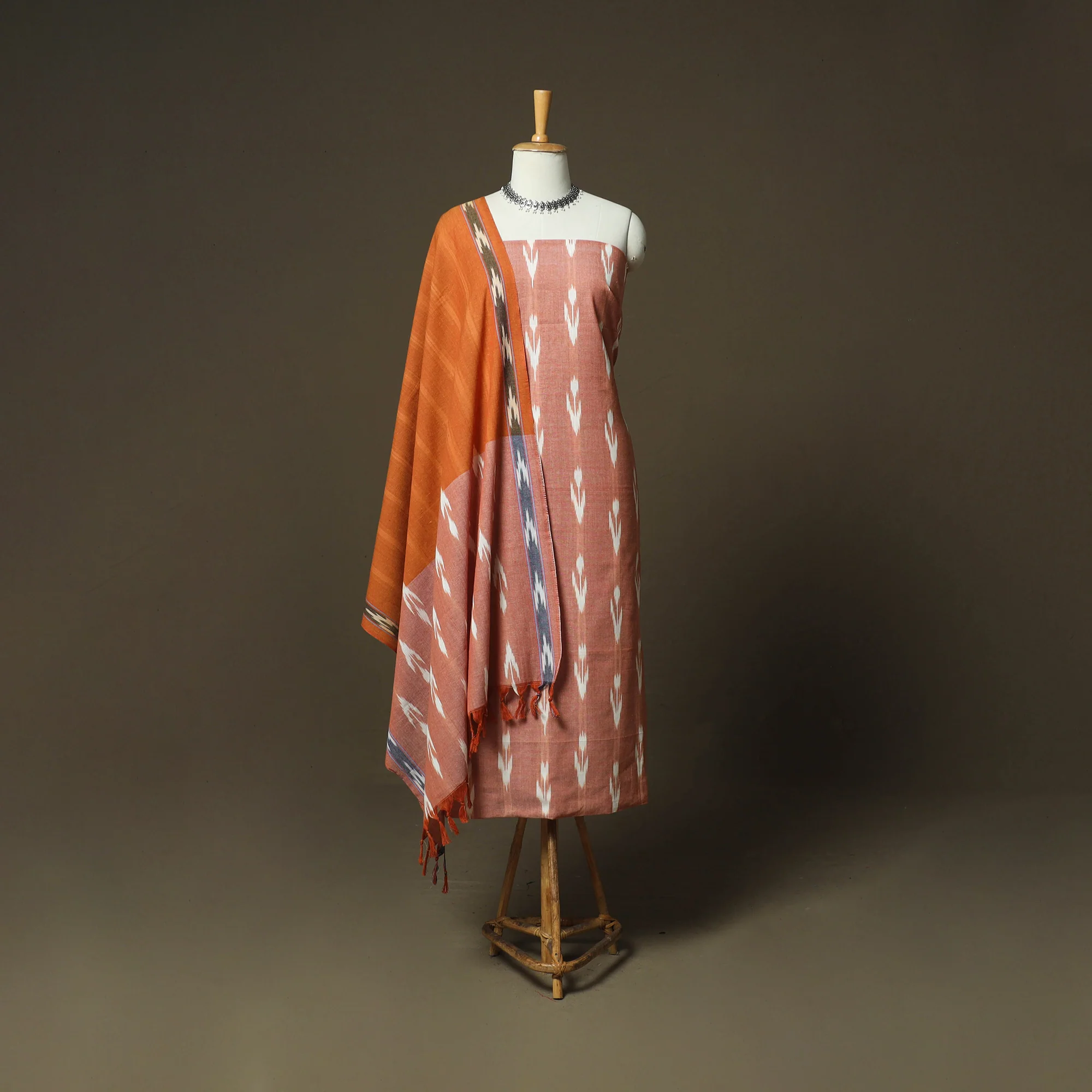 Brown - Pochampally Ikat Weave 3pc Cotton Unstitched Dress Material Suit Set 85