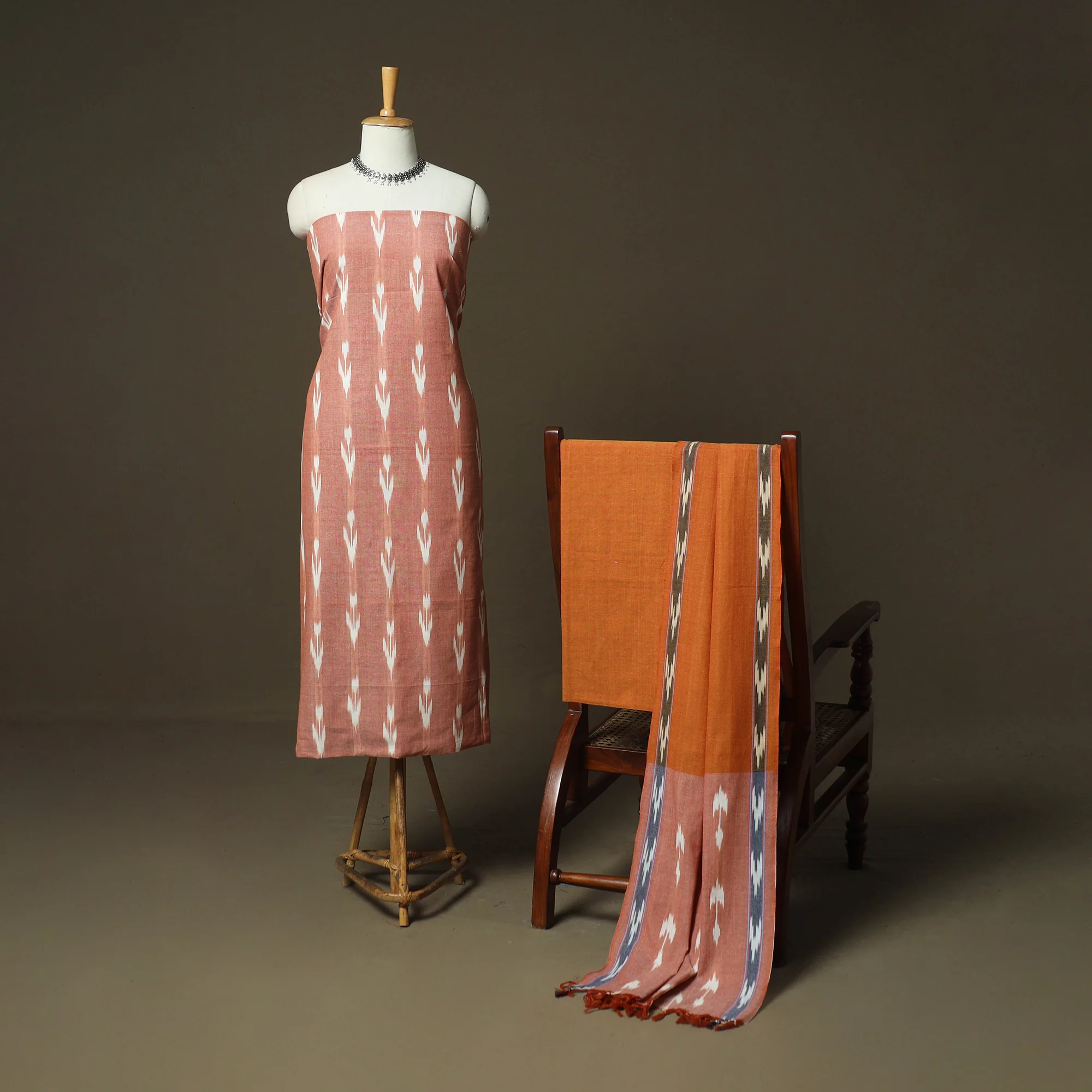 Brown - Pochampally Ikat Weave 3pc Cotton Unstitched Dress Material Suit Set 85 - Image 2
