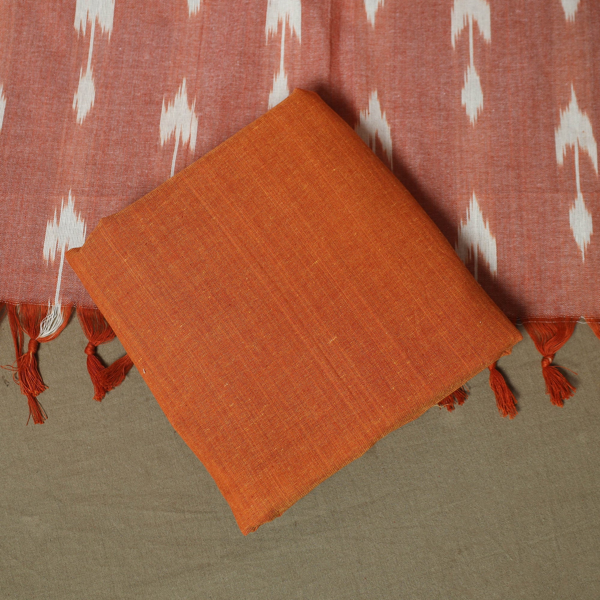 Brown - Pochampally Ikat Weave 3pc Cotton Unstitched Dress Material Suit Set 85 - Image 5