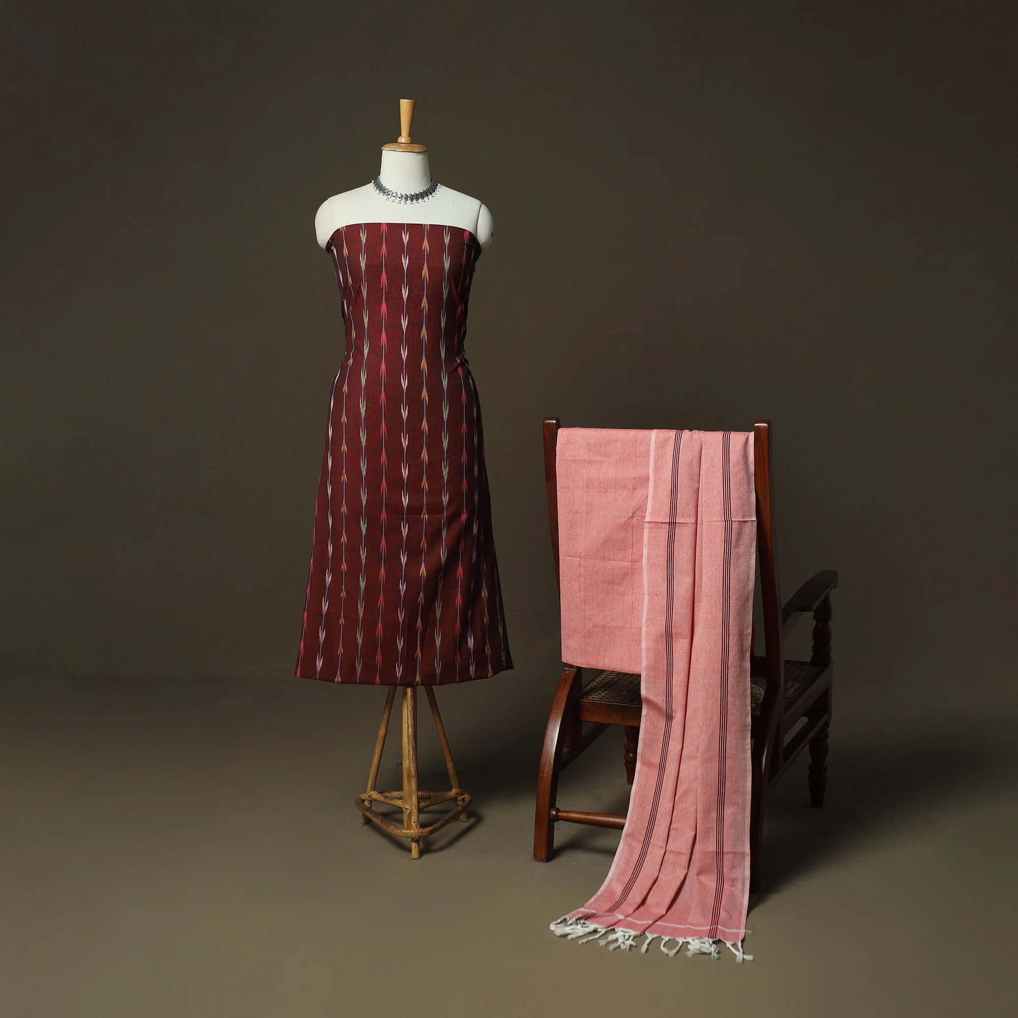 Maroon - Pochampally Ikat Weave Cotton 3pc Unstitched Dress Material Suit Set 01 - Image 2