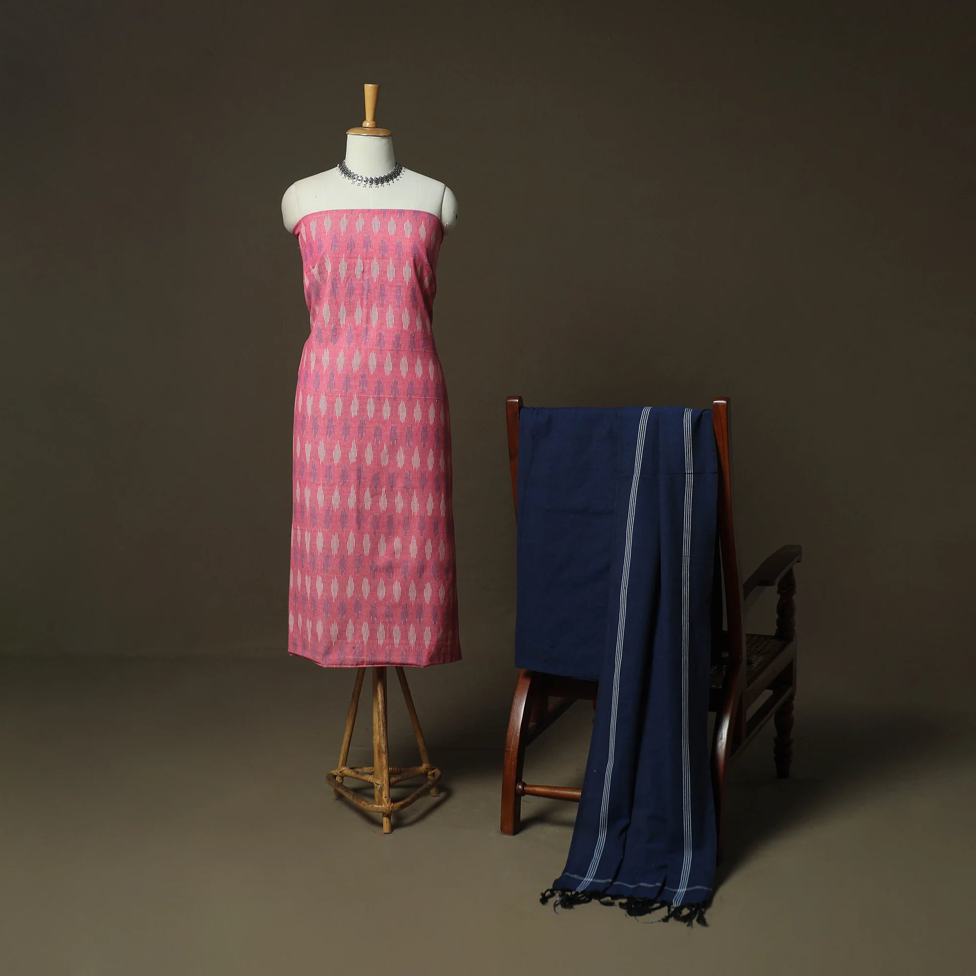 Pink - Pochampally Ikat Weave Cotton 3pc Unstitched Dress Material Suit Set 02 - Image 2