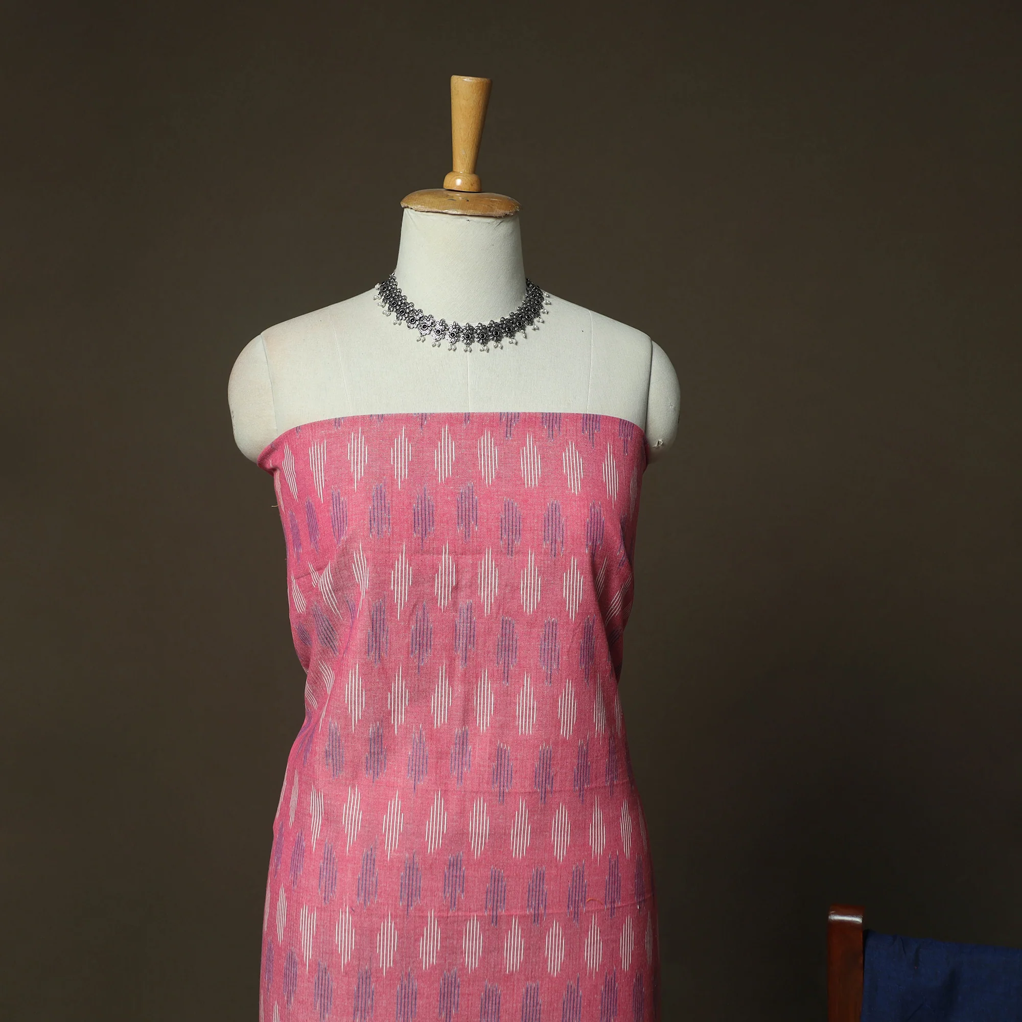 Pink - Pochampally Ikat Weave Cotton 3pc Unstitched Dress Material Suit Set 02 - Image 3