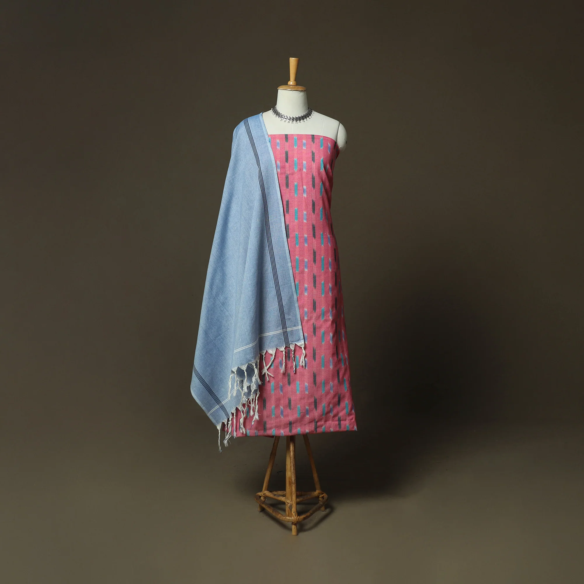 Pink - Pochampally Ikat Weave Cotton 3pc Unstitched Dress Material Suit Set 03