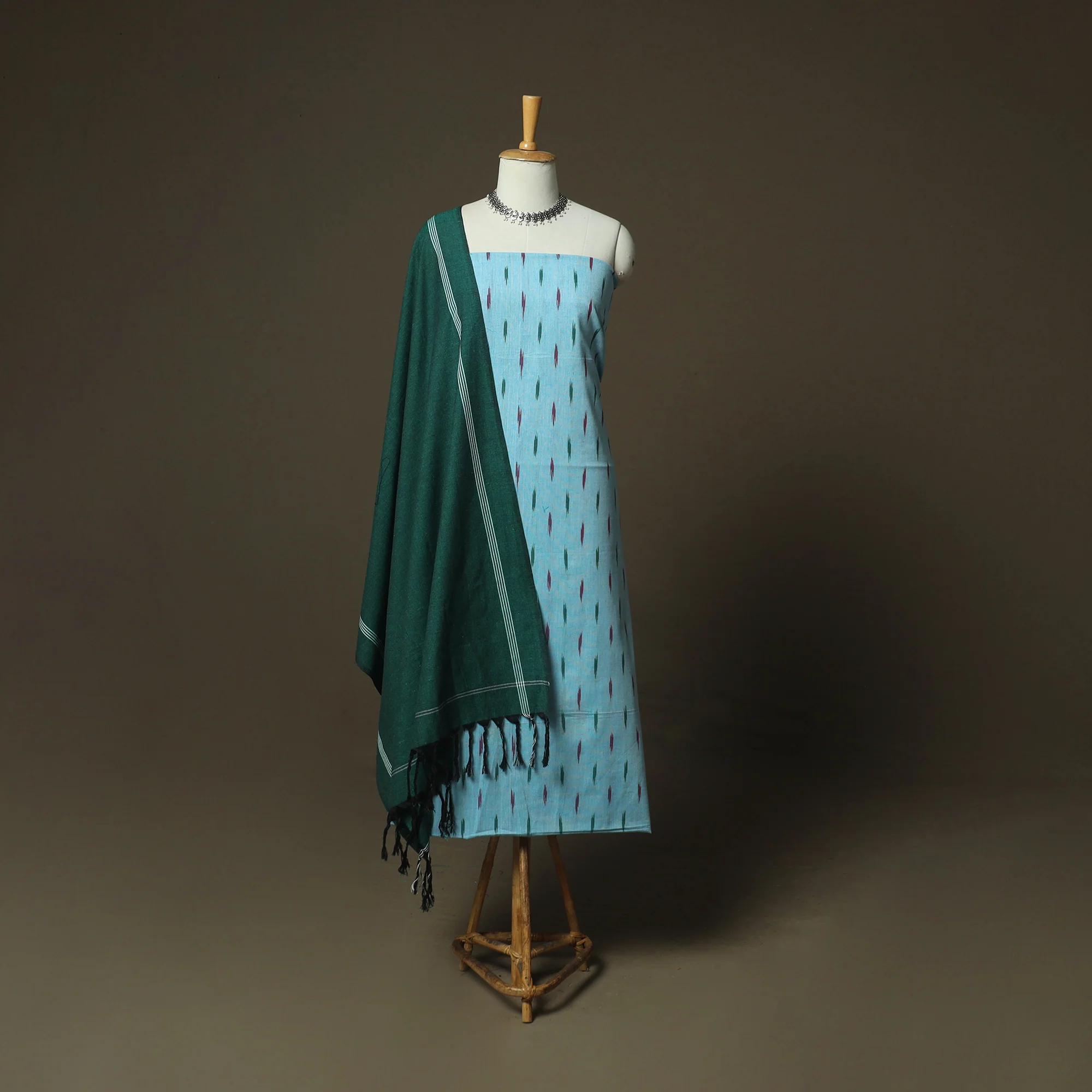 Blue - Pochampally Ikat Weave Cotton 3pc Unstitched Dress Material Suit Set 09
